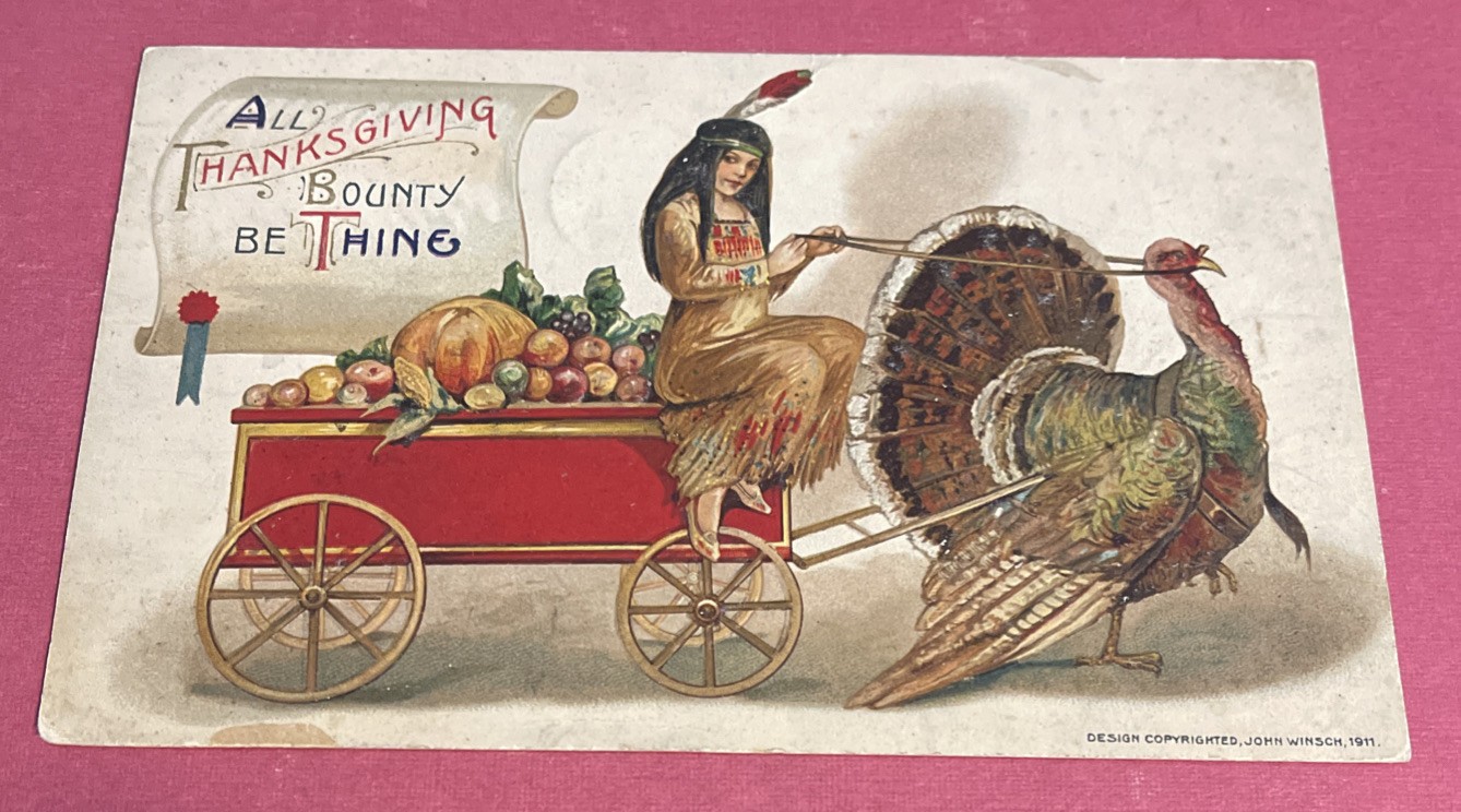 1911 Winsch Embossed Thanksgiving Post Card Indian Girl Turkey Pulling Cart