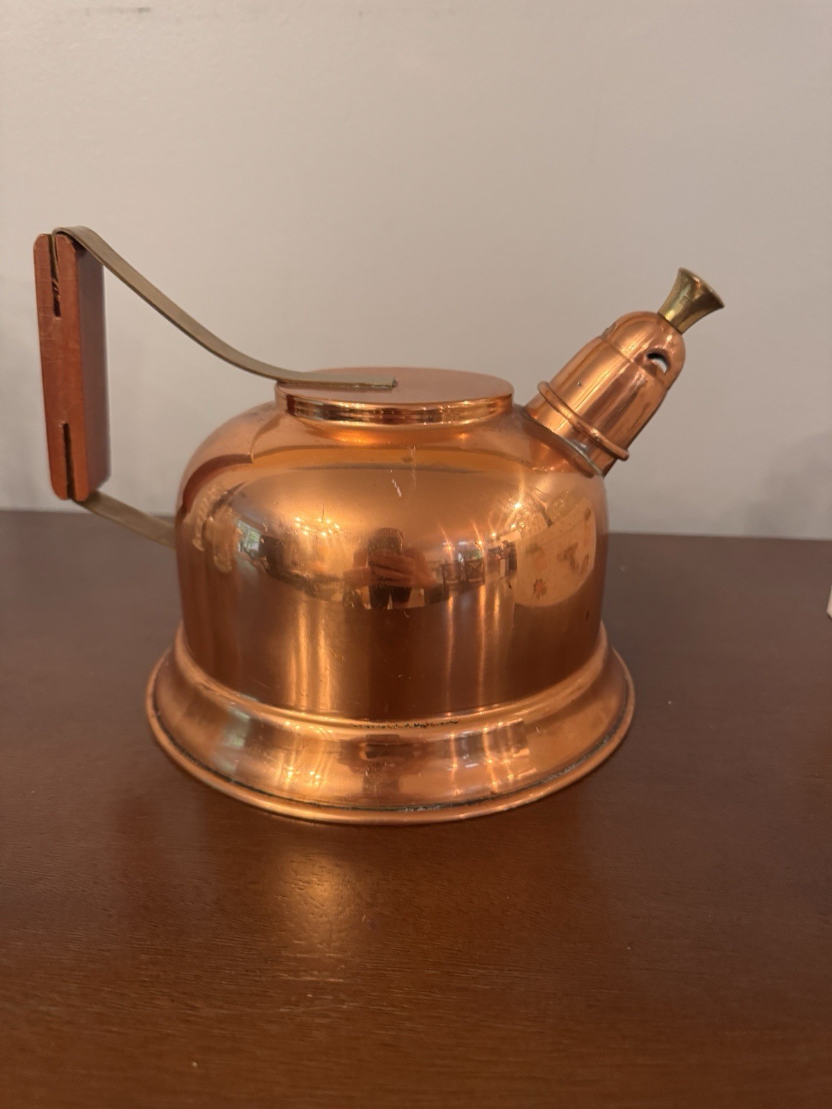 VTG Copral Copper Tea Kettle with Wooden Handle Made In Portugal. Unique Shape
