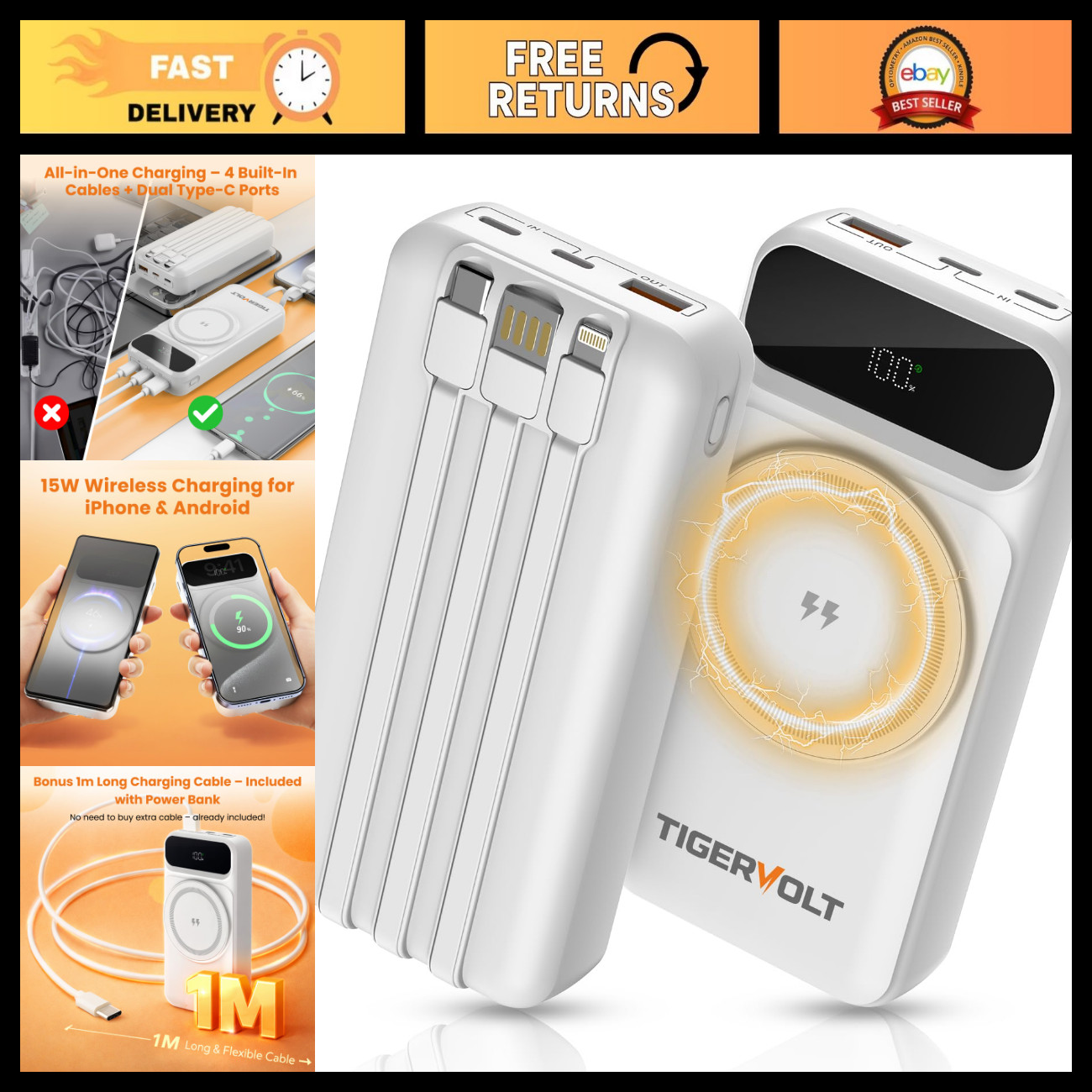 Magnetic Power Bank 20000mAh, Wireless Portable Powerbank with 3 Built-in Cables