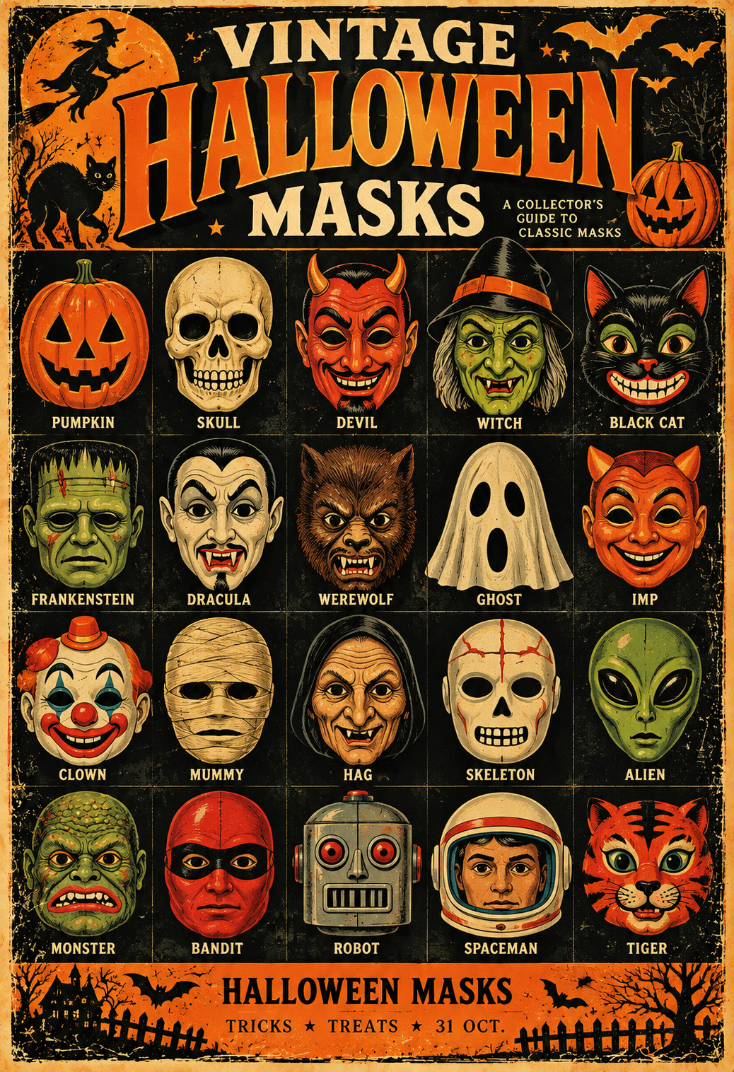 Vintage Halloween Masks Collector Chart Retro Horror Halloween Art Poster 13x19