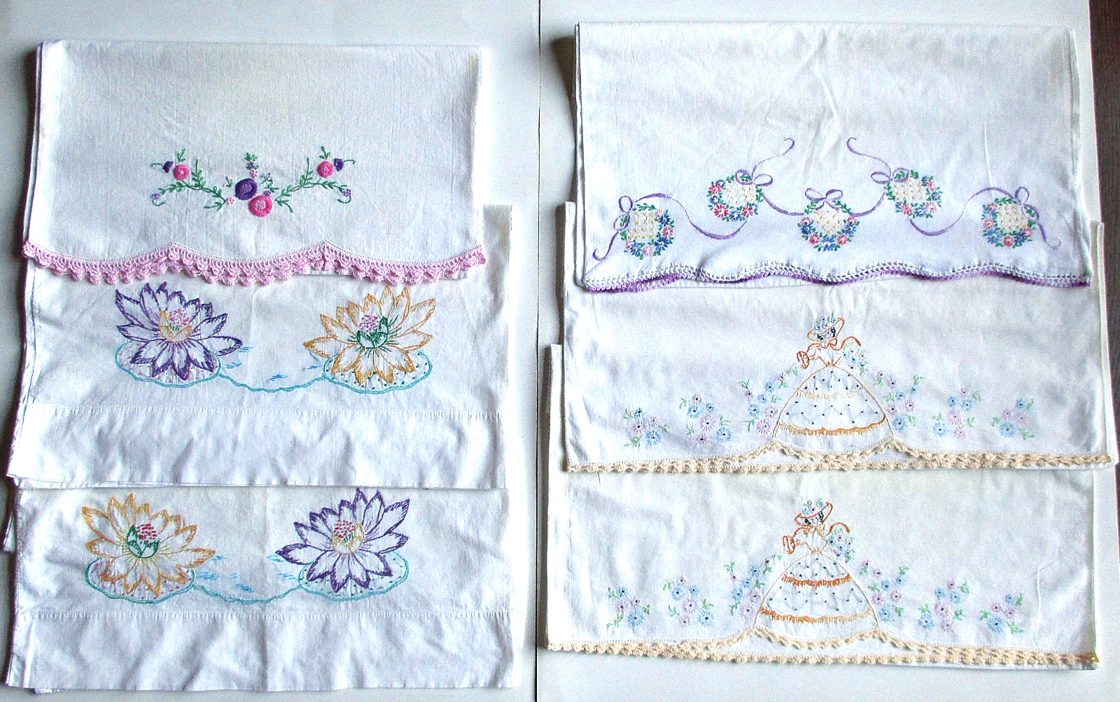 Vintage Lot Of 6 Embroidered White Pillowcases- Crochet- Estate