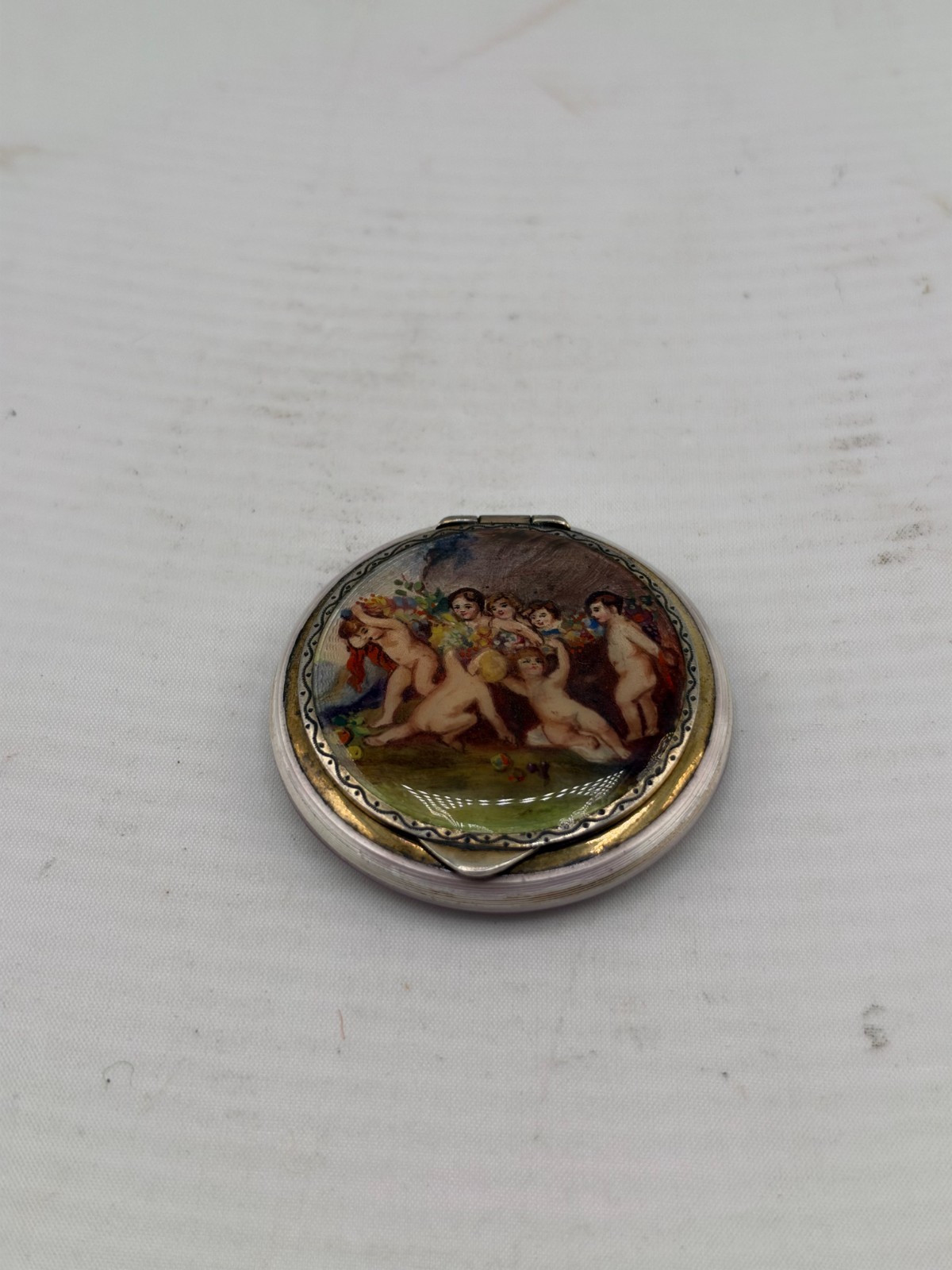 Antique Pink Guilloche Enamel Powder Compact Cherub Mythological Scene 51mm