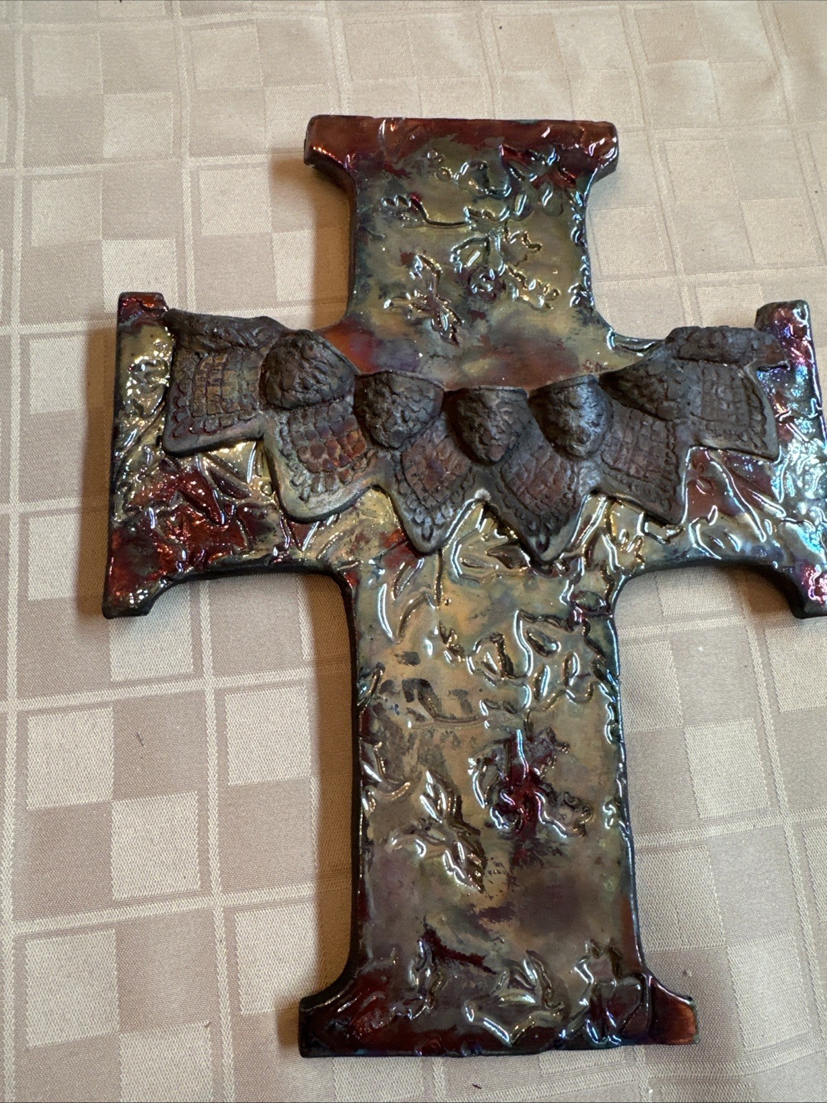 Handcrafted Raku Pottery Cross with Leaves Signed by Artist