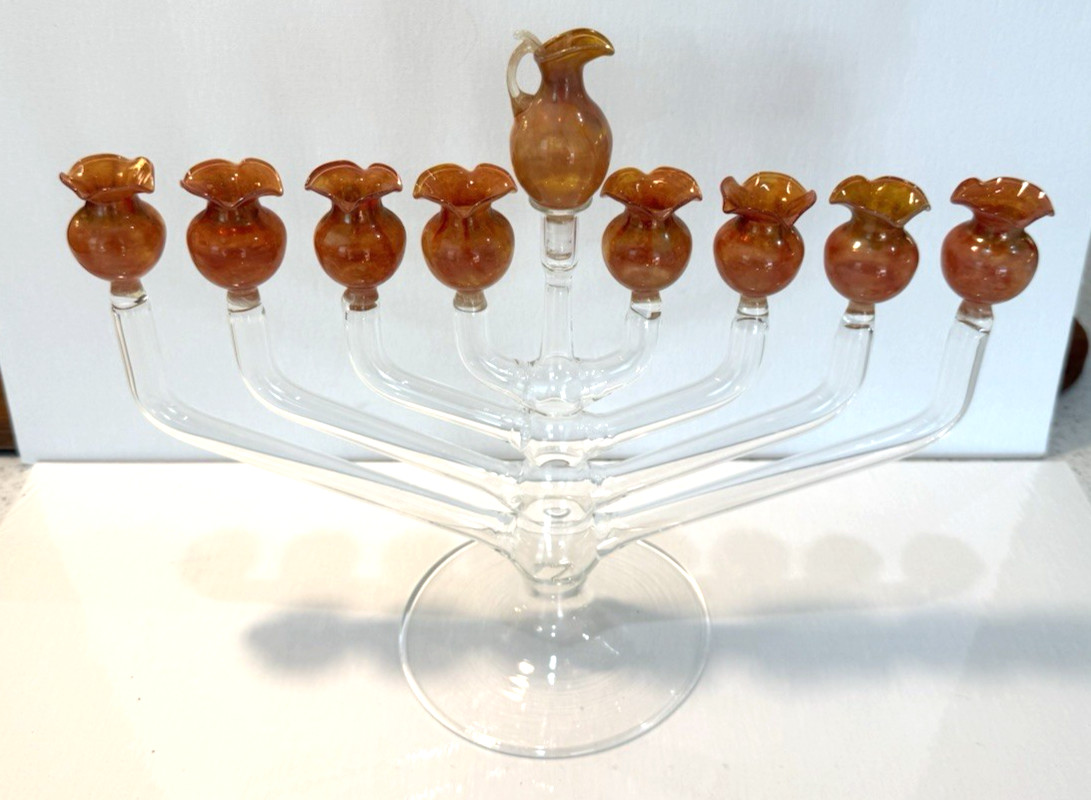 Vintage Blown Glass Dusty Rose Oil Hanukkah Menorah 9-Light Shamash Chanukah