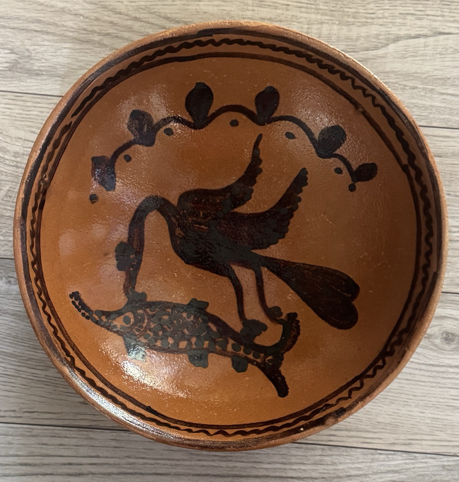 Vintage Mexican Folk Art Redware Terracotta Bowl Heron Fish