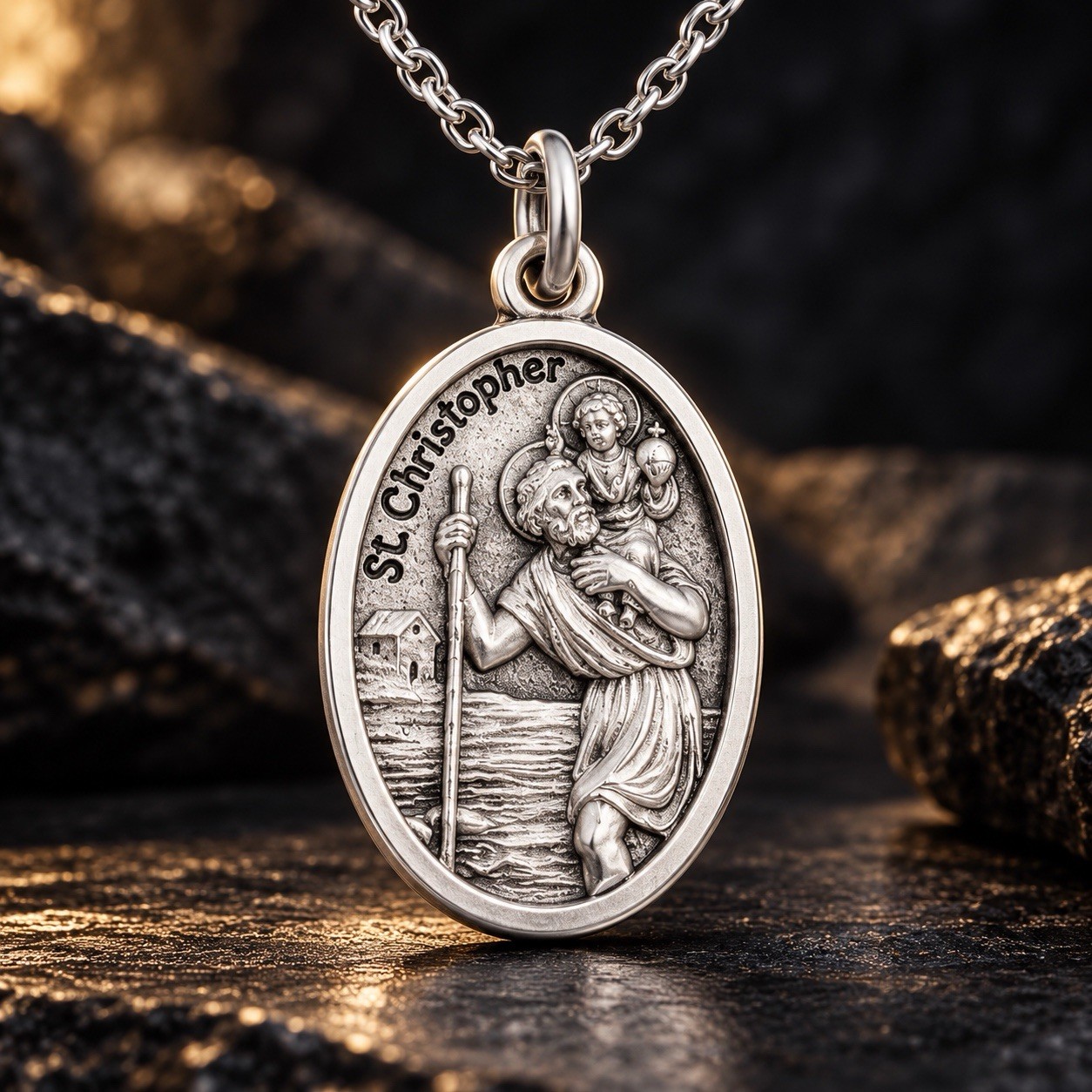 Saint Christopher Medal Necklace Silver Tone Oval Pray for Us Catholic Pendant Saint Christopher Medal Necklace Silver Tone Oval Pray for Us Catholic Pendant