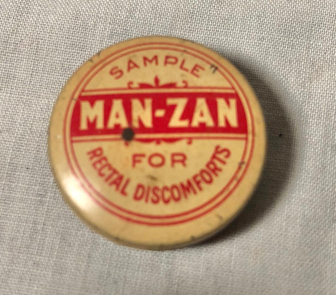 VINTAGE SAMPLE ADVERTISING TIN MAN-ZAN FOR RECTAL DISCOMFORTS