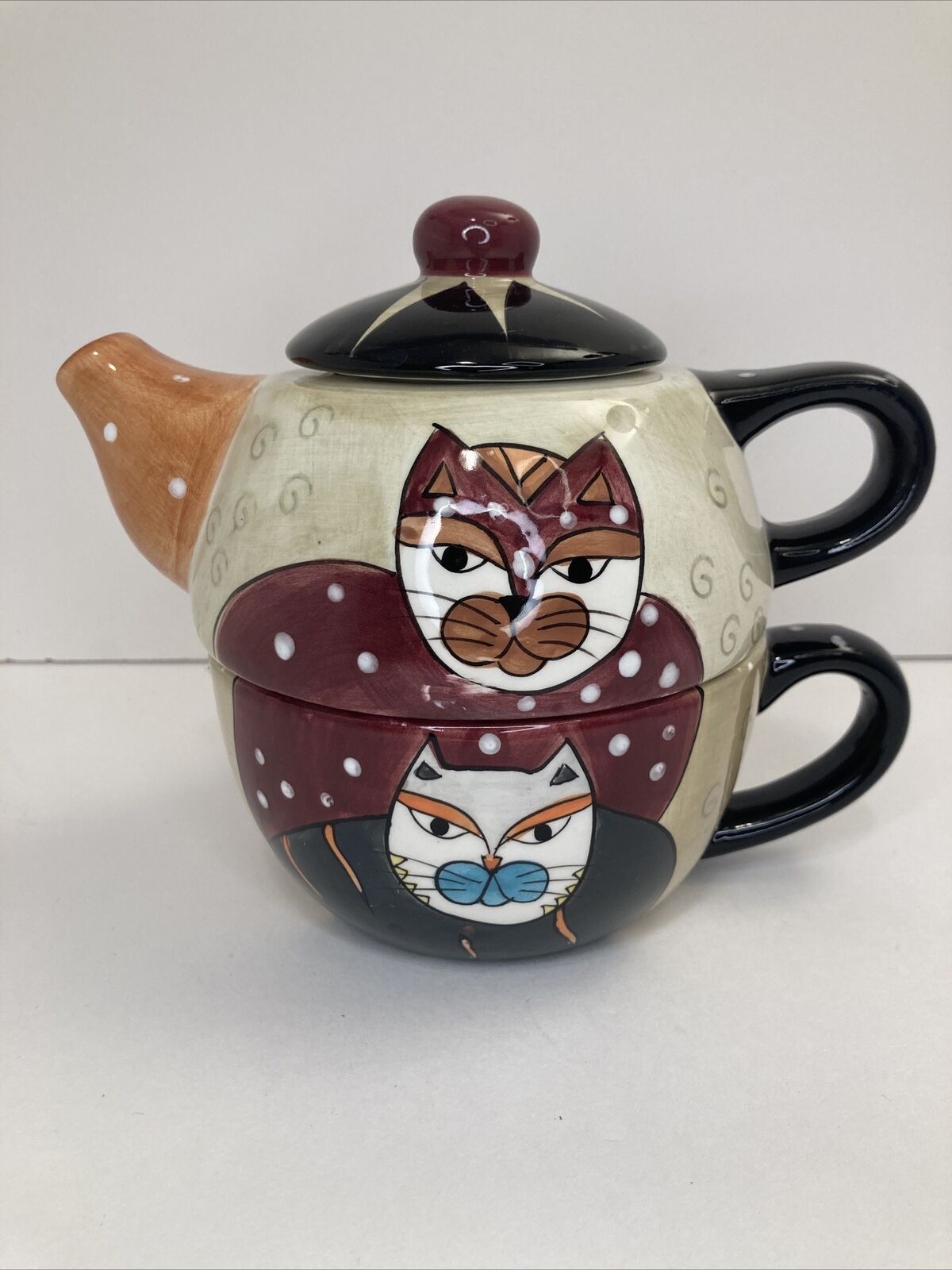Cat teapot/Cup 3 Piece Set Hand Painted  Milson & Louis* Folk Art (BB)