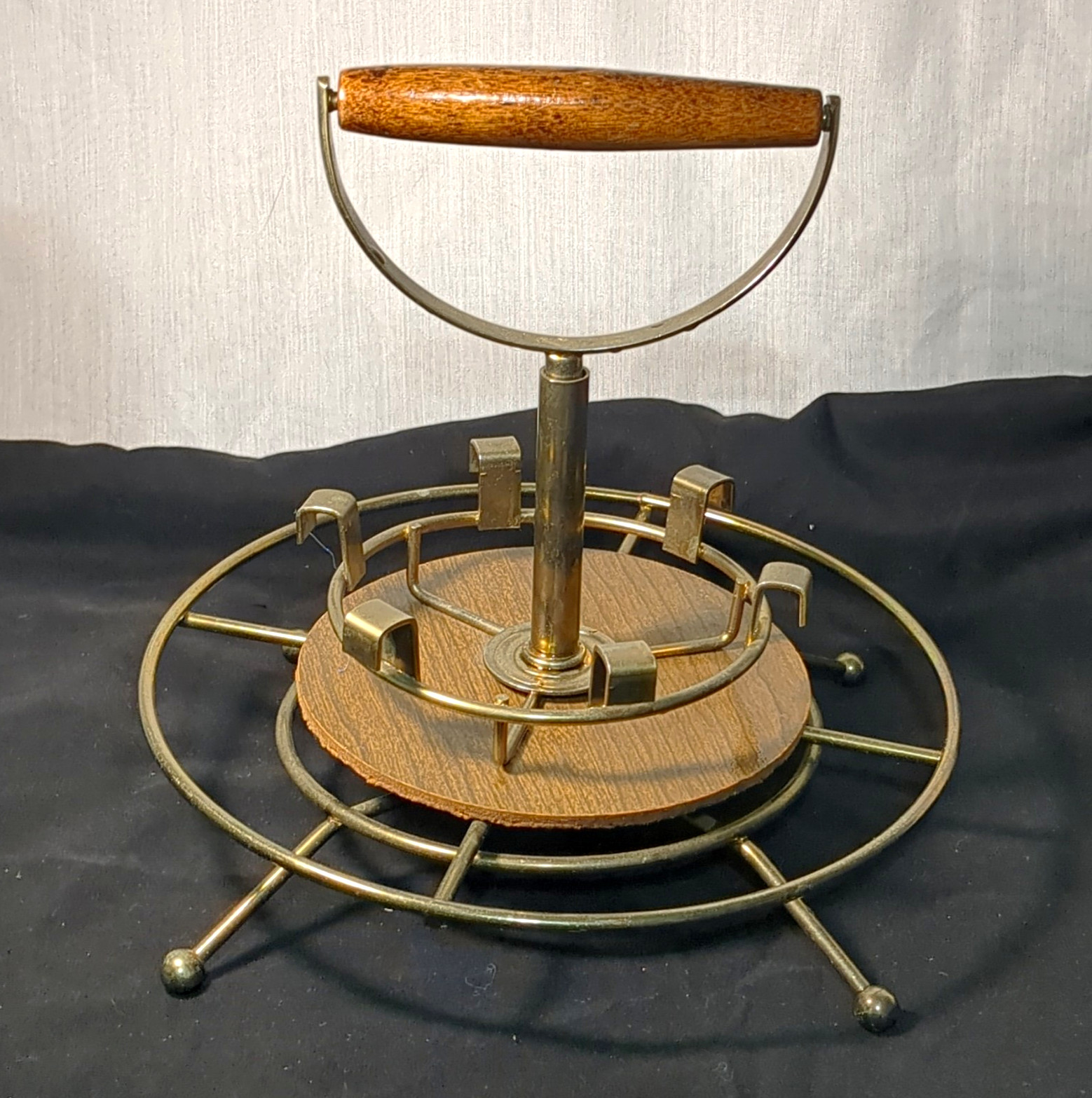 Vintage Round Metal & Wood Tray Brass Finish Gold Brown With Carry Handle