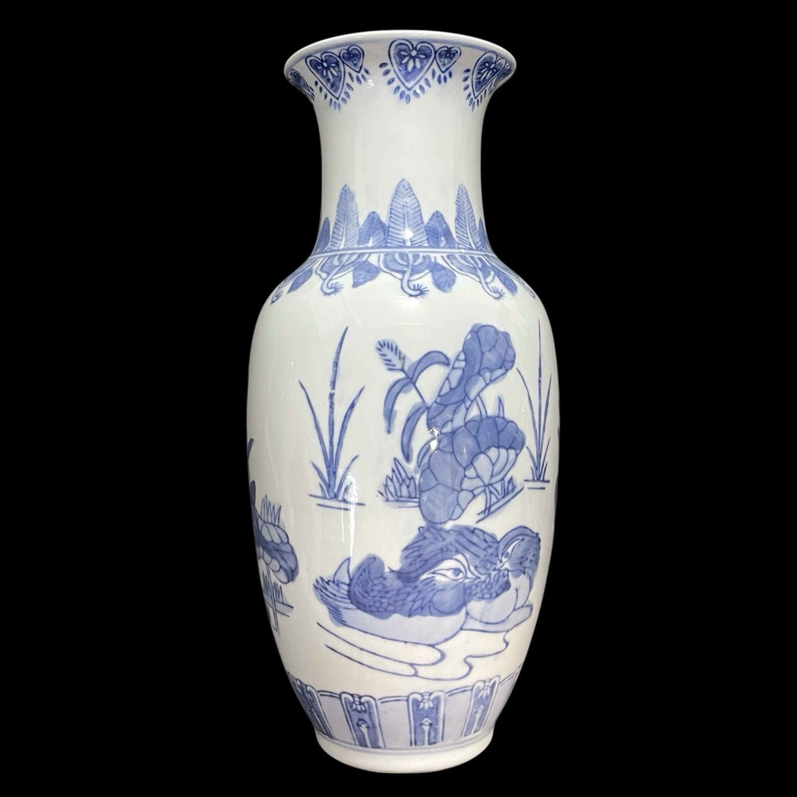 Vintage 1960s Chinoiserie Handpainted Blue and White Lily Pond Porcelain Vase