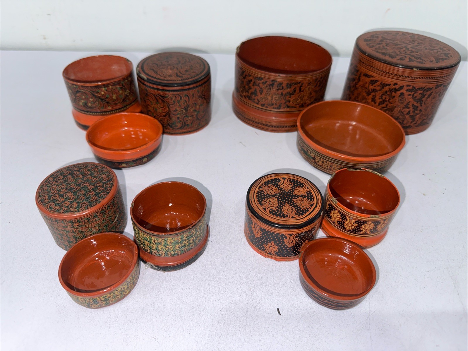 Vintage Orange Red Burmese Laquer Ware Betel Multi Layer Storage Box Lot Of 4