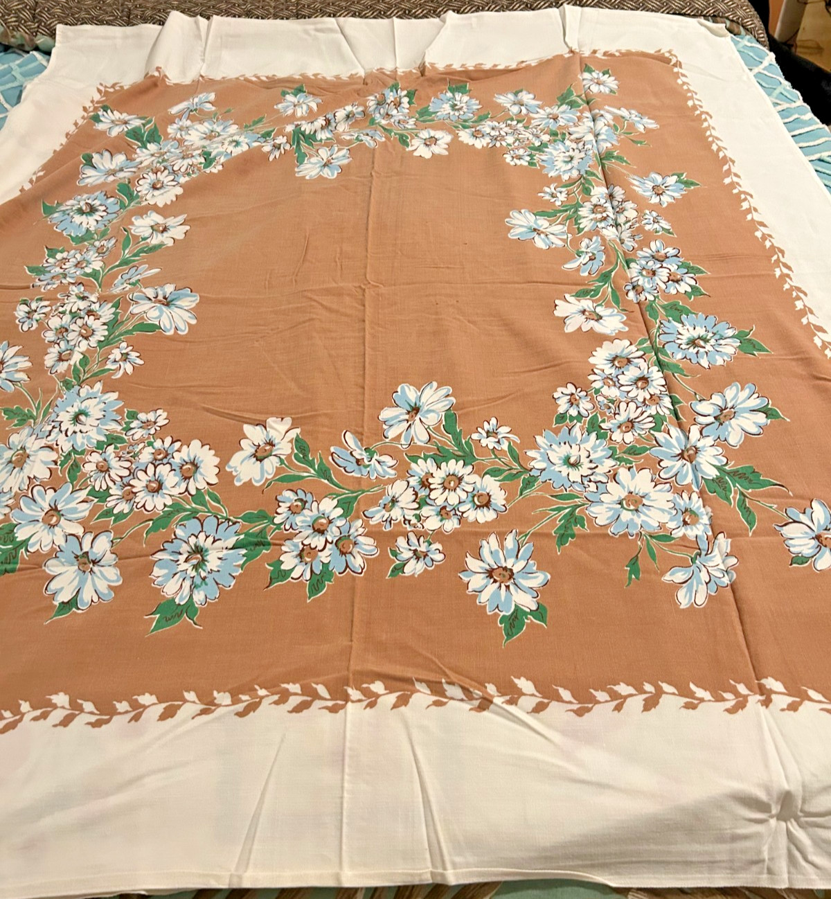 Vintage 1940s 50s Tablecloth Brown Tan Blue White Daisy Floral Cotton