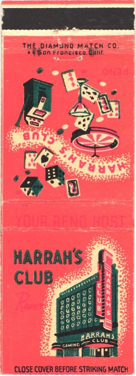 Harrah\'s Club Reno Nevada Vintage Matchbook Cover Casino 1960s Harrah\'s Club Reno Nevada Vintage Matchbook Cover Casino 1960s