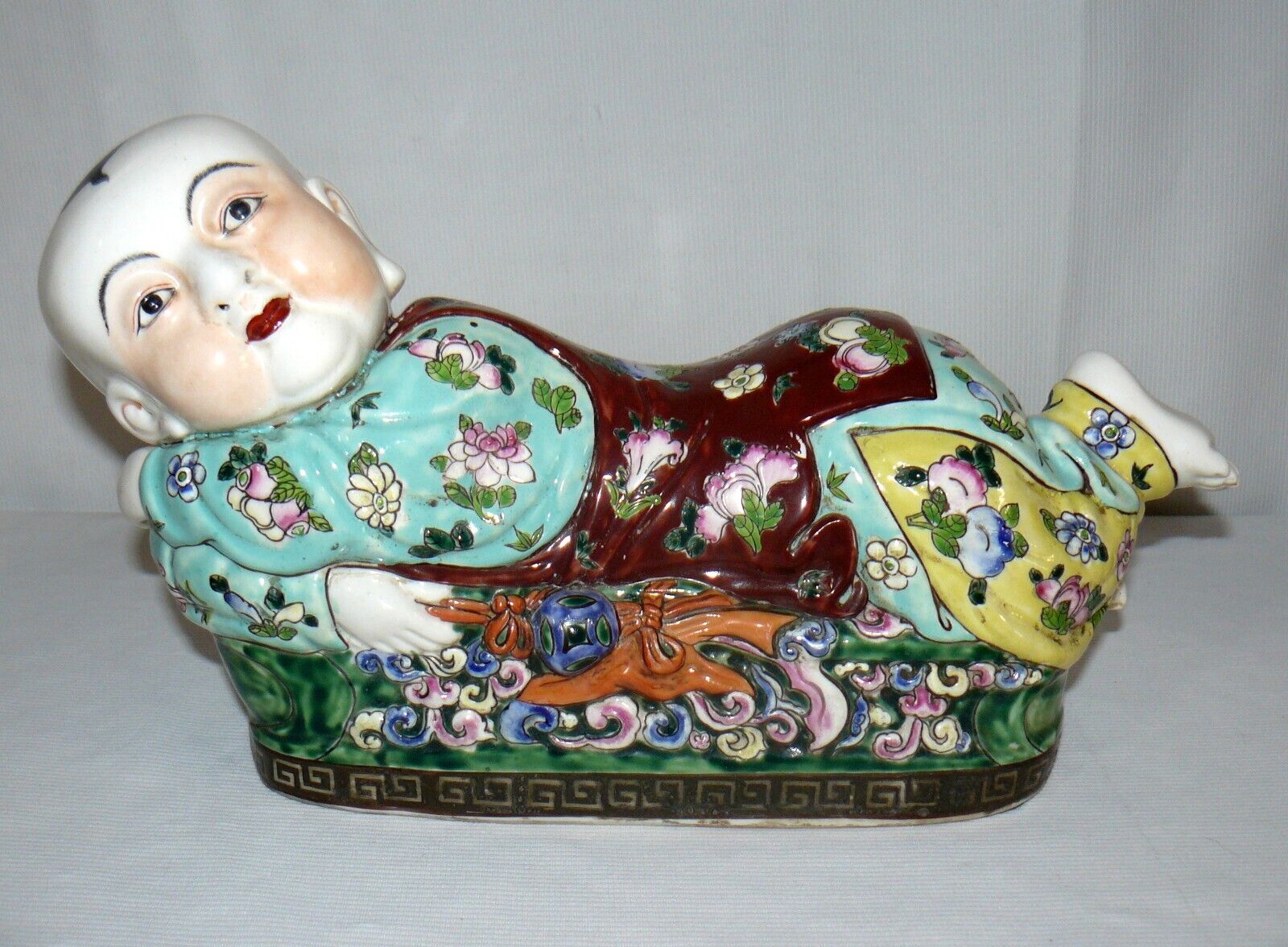 Chinese Famille Rose Enamel Porcelain Baby on Pillow Figure