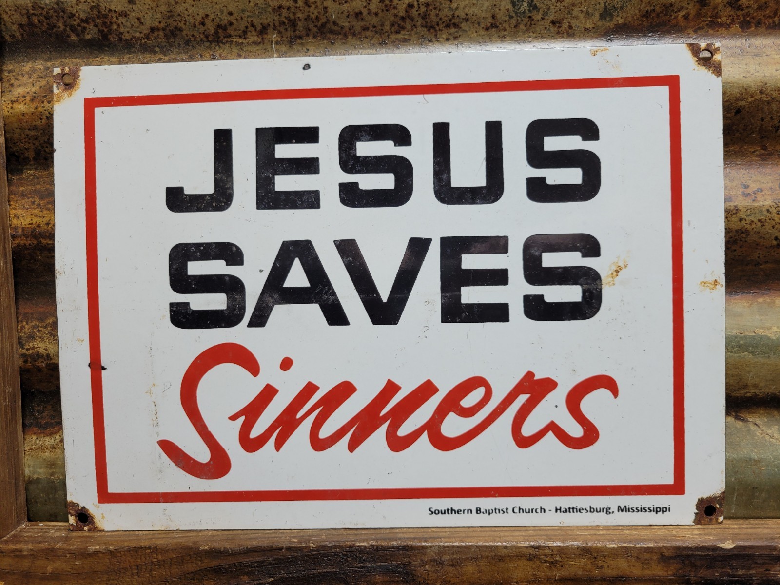 VINTAGE JESUS SAVES SINNERS PORCELAIN SIGN CHURCH GOD CHRISTIAN BIBLE RELIGION