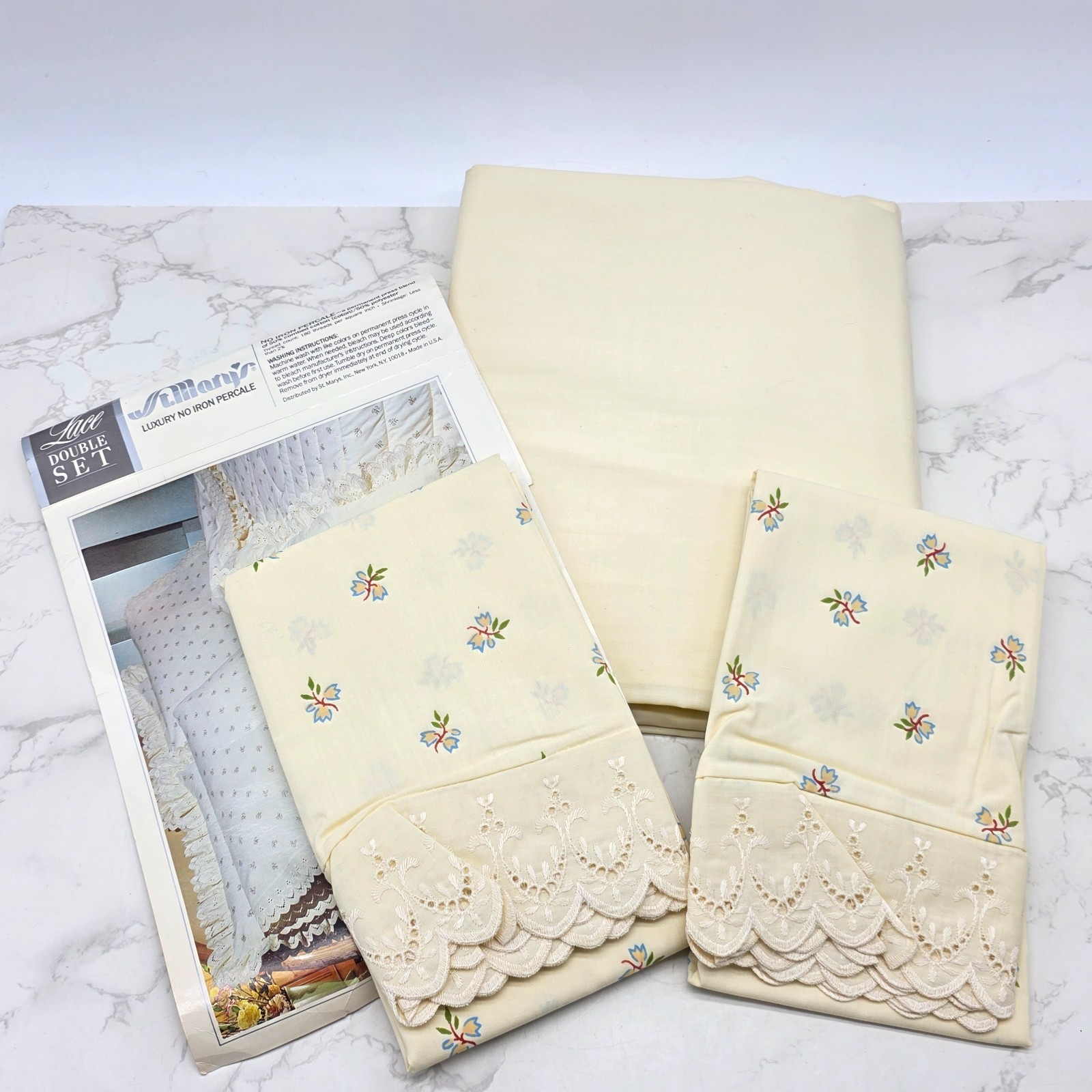 St Mary\'s Full Sheet Set Beige Floral Lace No Iron Percale Vintage New Old Stock