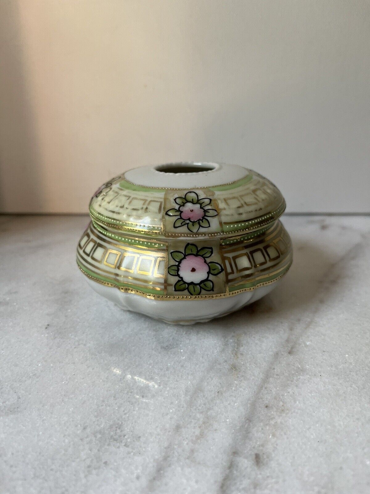 Antique Morimura Nippon Porcelain Hair Receiver Pink Floral Gold Trim