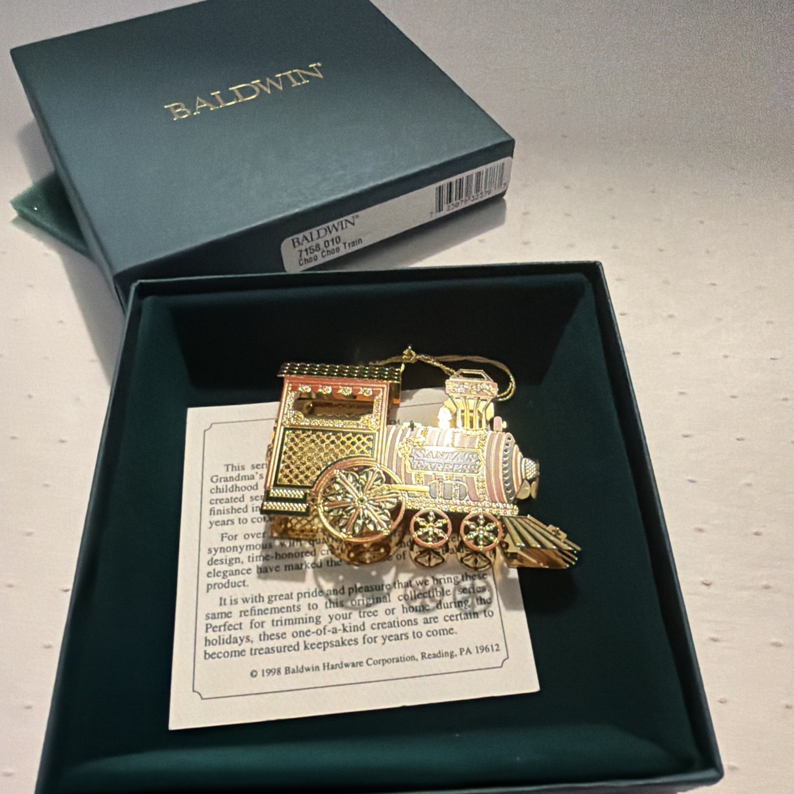 VTG Baldwin Brass Ornament Orig. Box NOS Choo Choo Train 24KT Gold Finish 1998