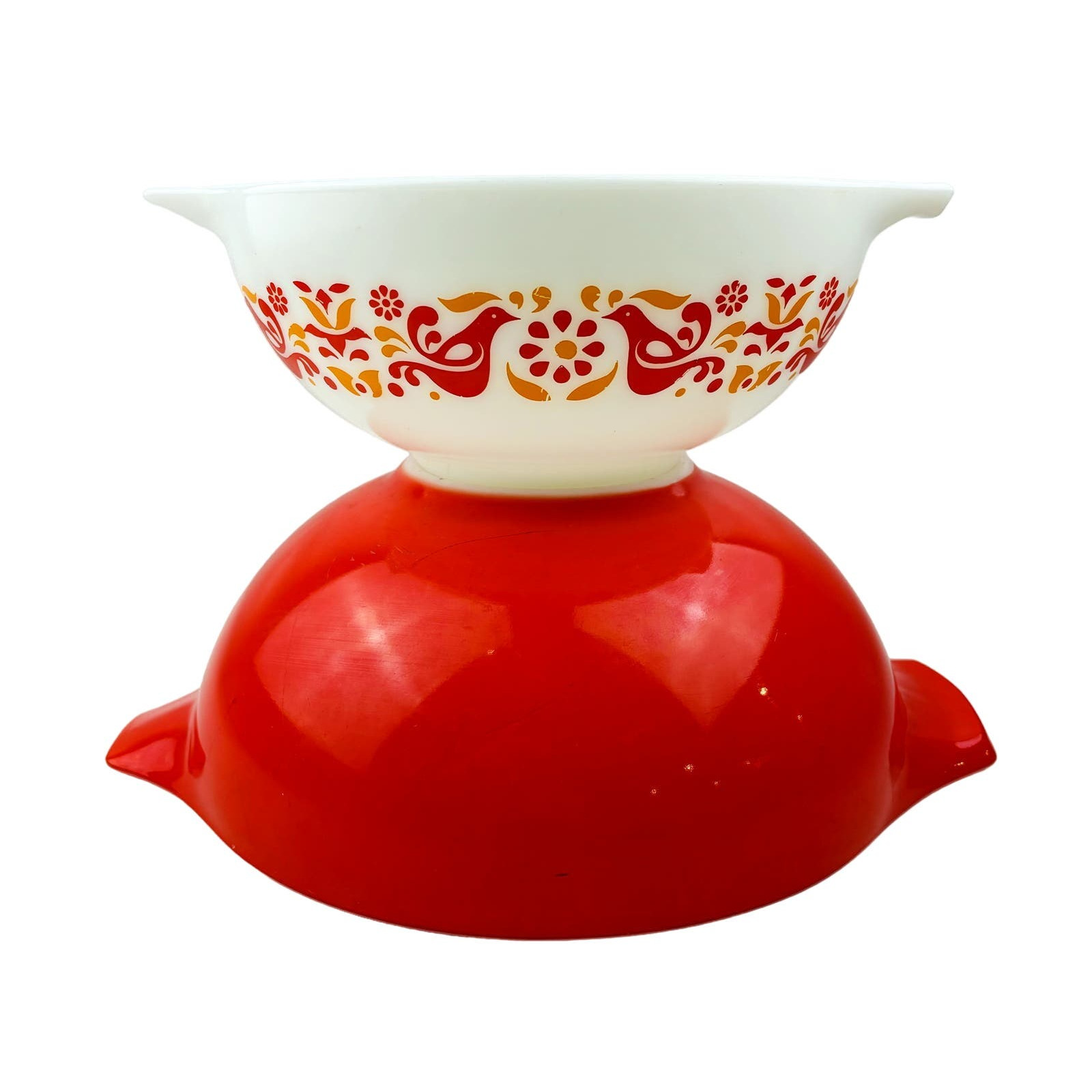 Vtg Pyrex Friendship Bowls 443 444 Cinderella Nesting 4 & 2.5 Qt Red Orange Bird