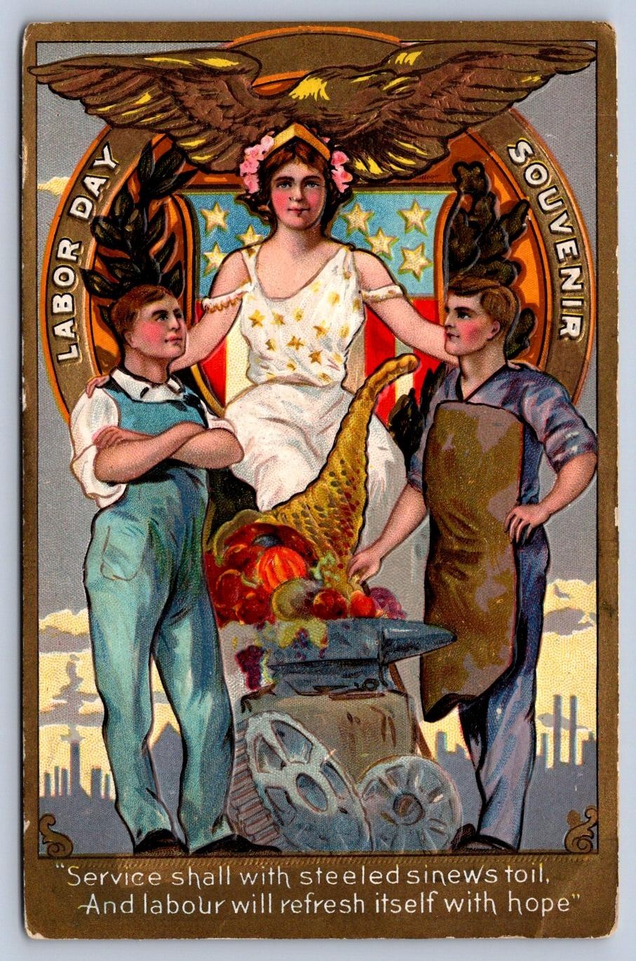 K59/ Labor Day Patriotic Postcard c1910 Liberty Lady Workers Holiday 135