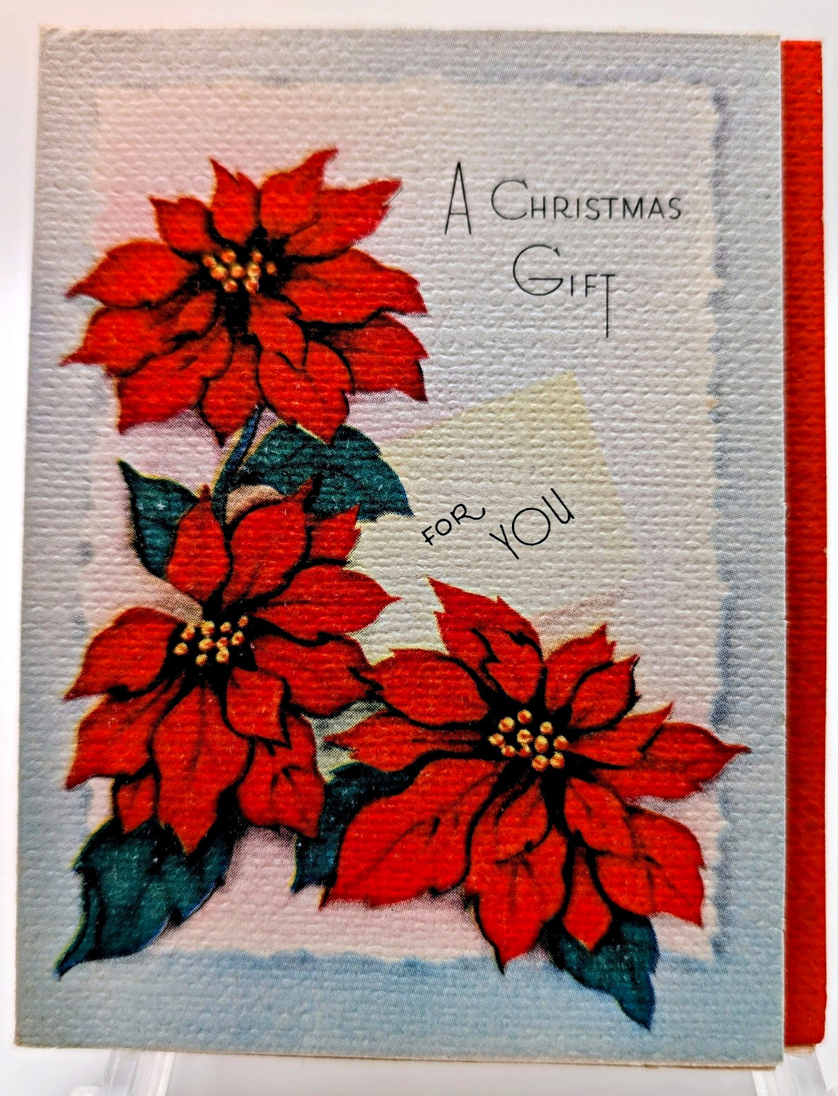 Vintage 1950\'s Christmas Gift Enclosure Cards  12 Unused Mini Linen Poinsettia 