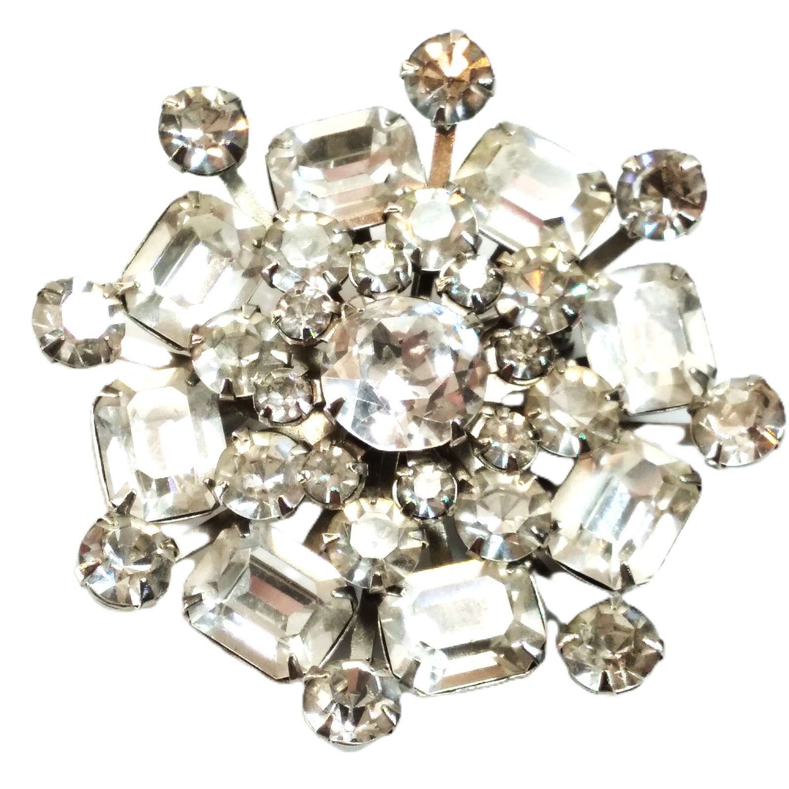 33 Octagon & Round Pronged Crystals/Rhinestones Brooch Silver Tone Riveted 1.75\
