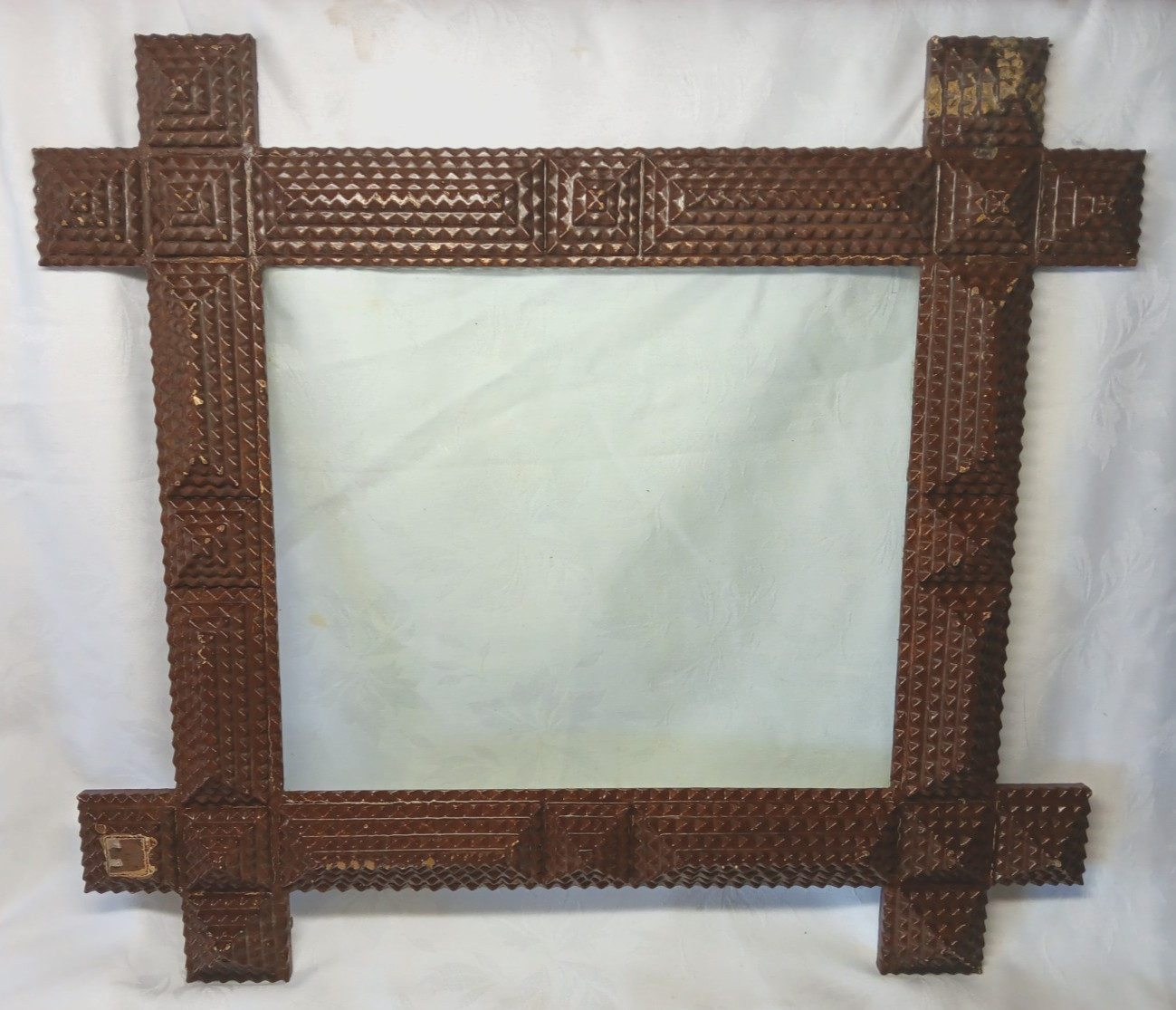 Antique Tramp Art  Folk Art  Chip Carved Picture Frame W Glass