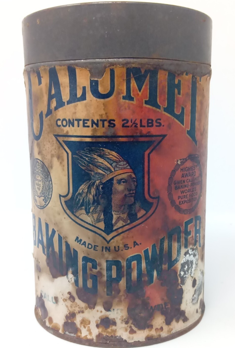 Antique 1912 Paris Calumet Baking Powder Tin Paper Label Advertising Indian Can