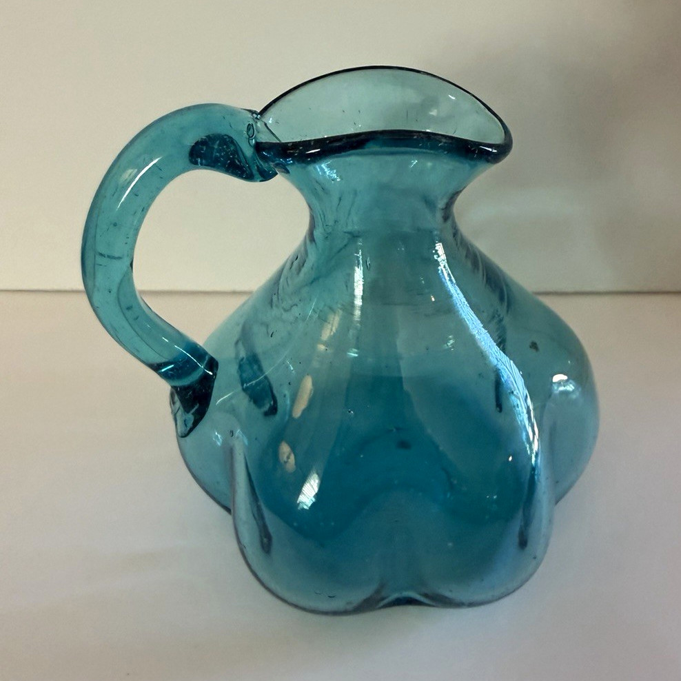 Blue Hand Blown Glass Pitcher w/ Handle, Pour Spout, Glossy Finish, 5 in