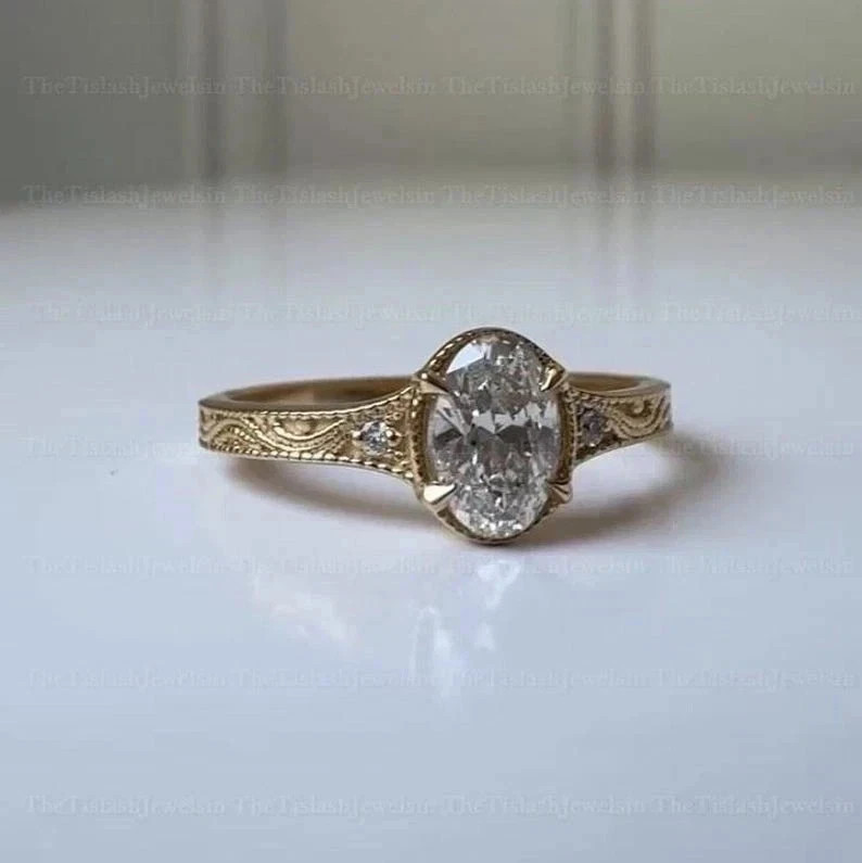 Vintage Oval-Cut Diamond Ring Engraved Filigree In 14k Yellow Gold Plated