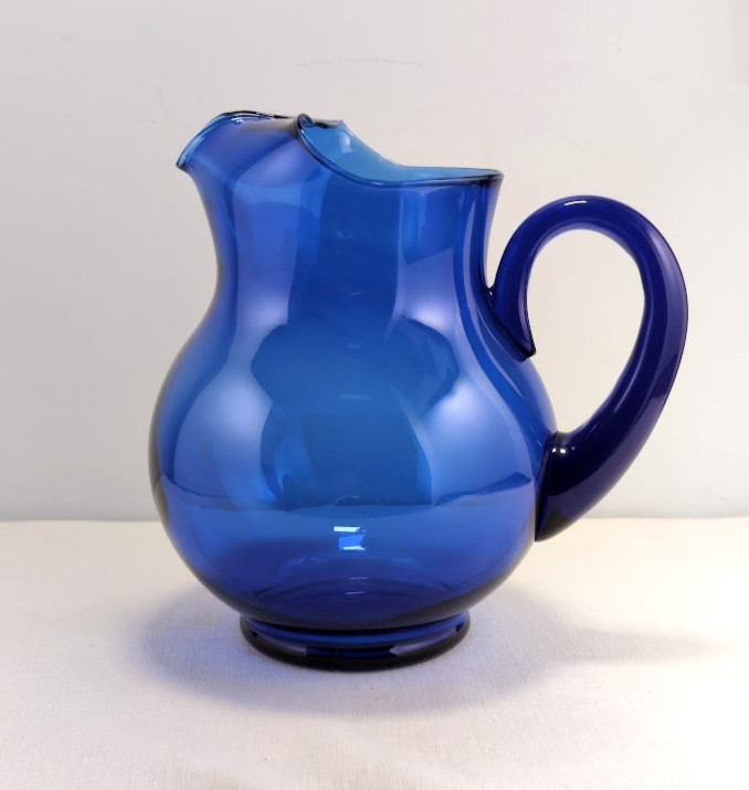 Vintage COBALT BLUE Glass Pitcher w/Ice Lip | Mold-Blown Glass 3 QUART