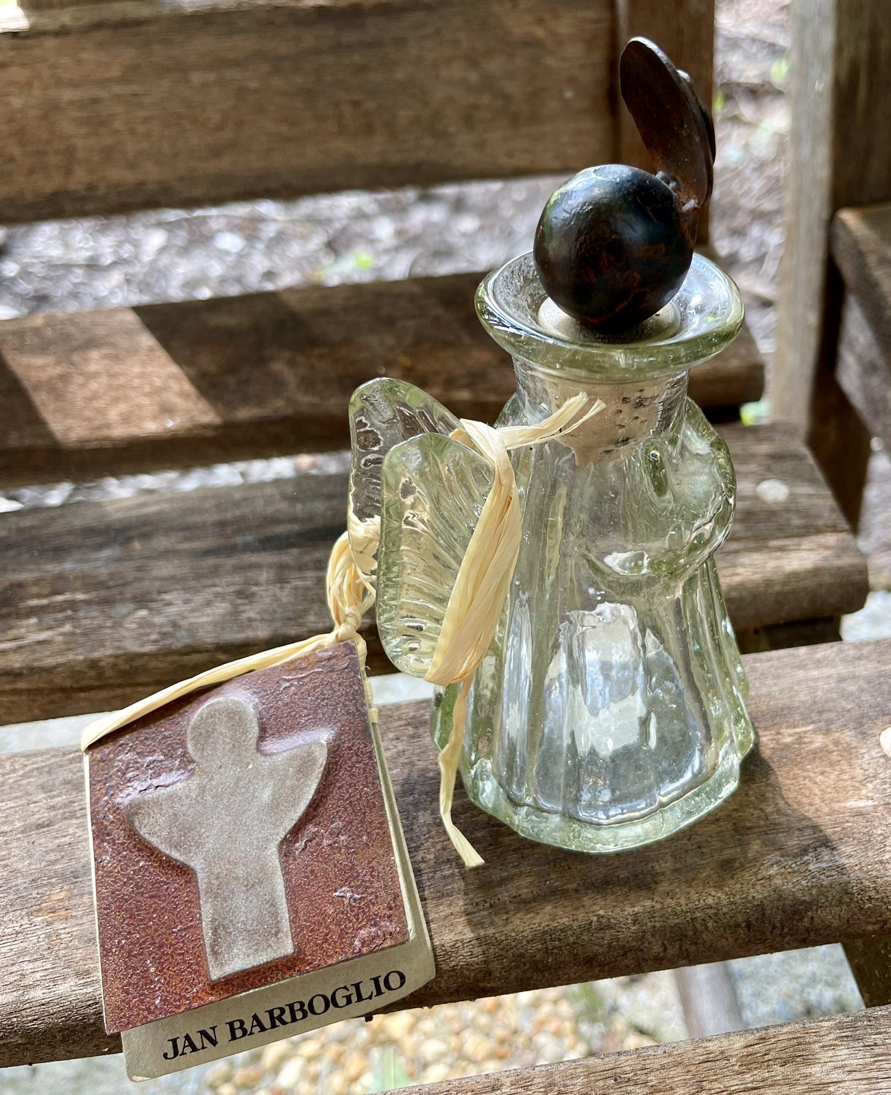 JAN BARBOGLIO Guardian Angel Decanter blown glass Bottle W/ Forged Metal Top 👼