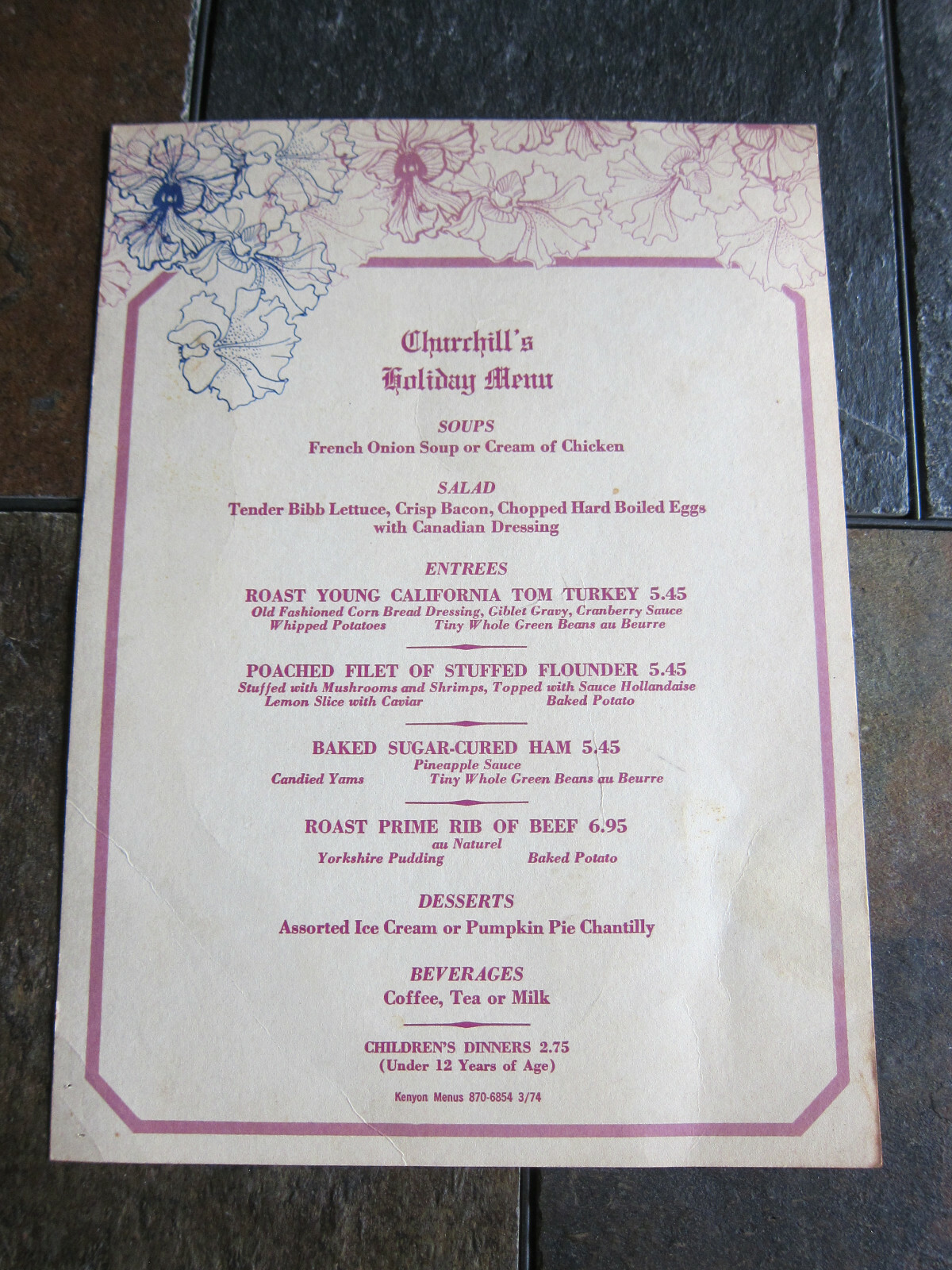 1974 Churchills Restaurant Holiday Menu Glendale California