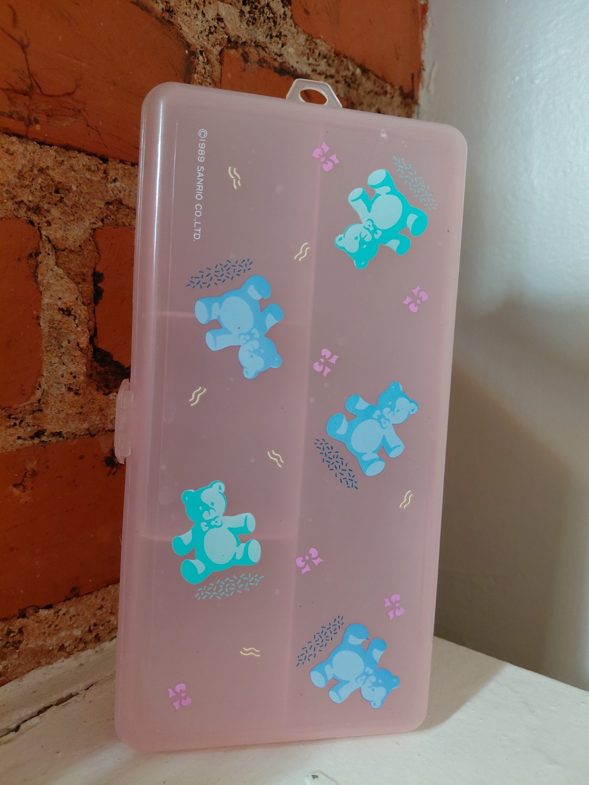 Vintage 1989 Sanrio Clear Pink Pastel Tweedle Teddy Bear Pencil Case Trinket Box