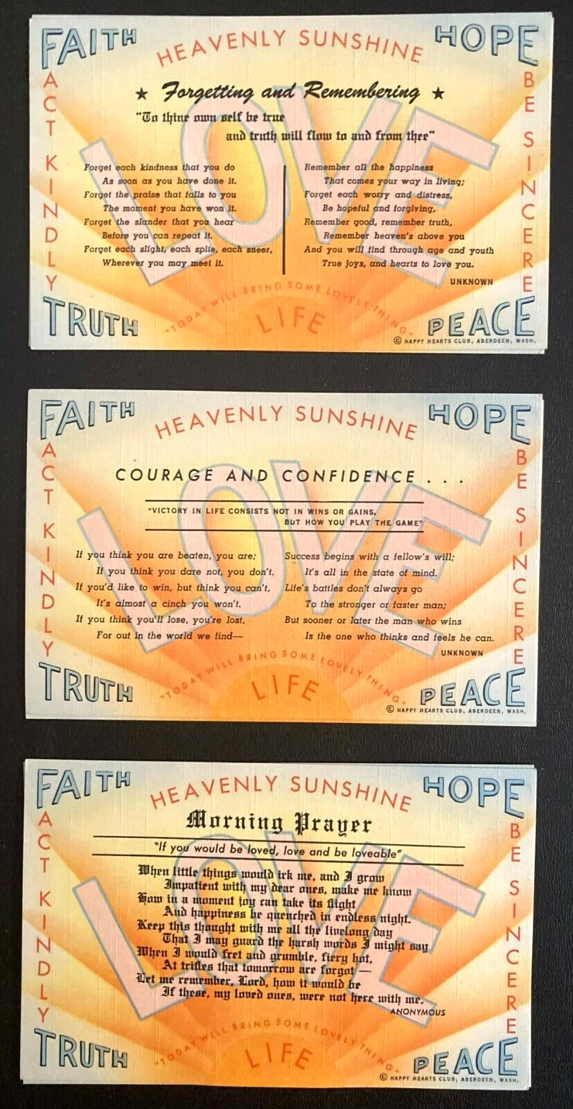 Lot of 6 Vintage 1940s HAPPY HEARTS CLUB Postcards - Faith - Hope -Truth - Peace