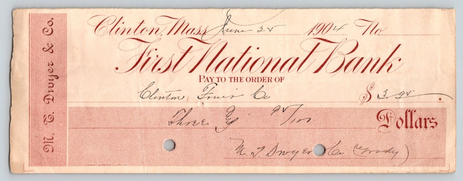1904 Clinton MA First National Bank Check W.J. Dryer & Co. Ephemera 1904 Clinton MA First National Bank Check W.J. Dryer & Co. Ephemera