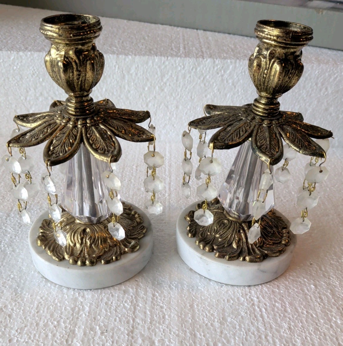 Vintage pair of Marble Crystal Candle Holder Hollywood Regency Glam