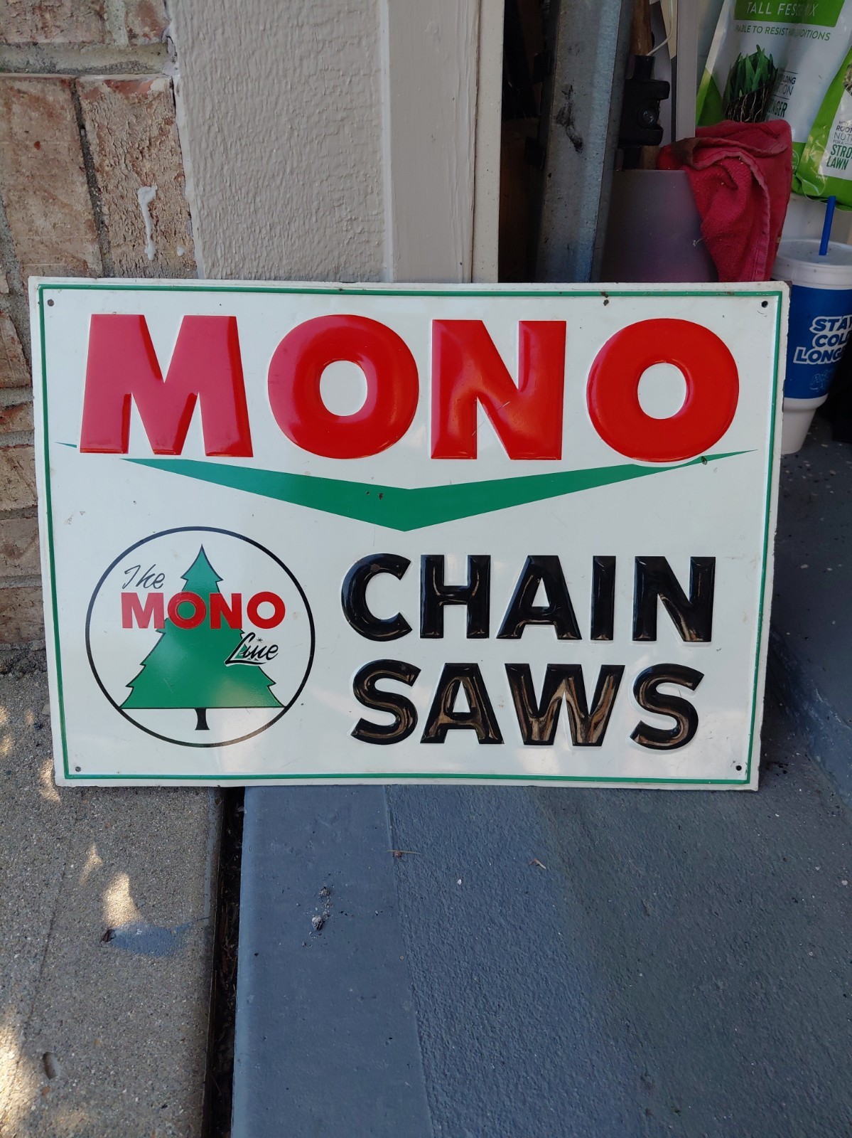 c.1960s Original Vintage Mono Chain Saws Sign Metal Embossed Farm Dairy Soda c.1960s Original Vintage Mono Chain Saws Sign Metal Embossed Farm Dairy Soda