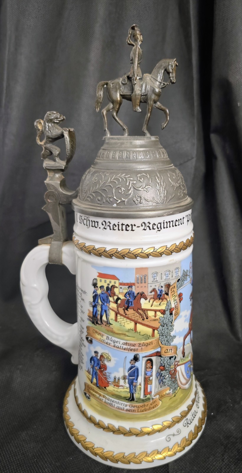 Antique German 1896-99 Bavarian Cavalry Reservist Beer Stein Lithophane 11\