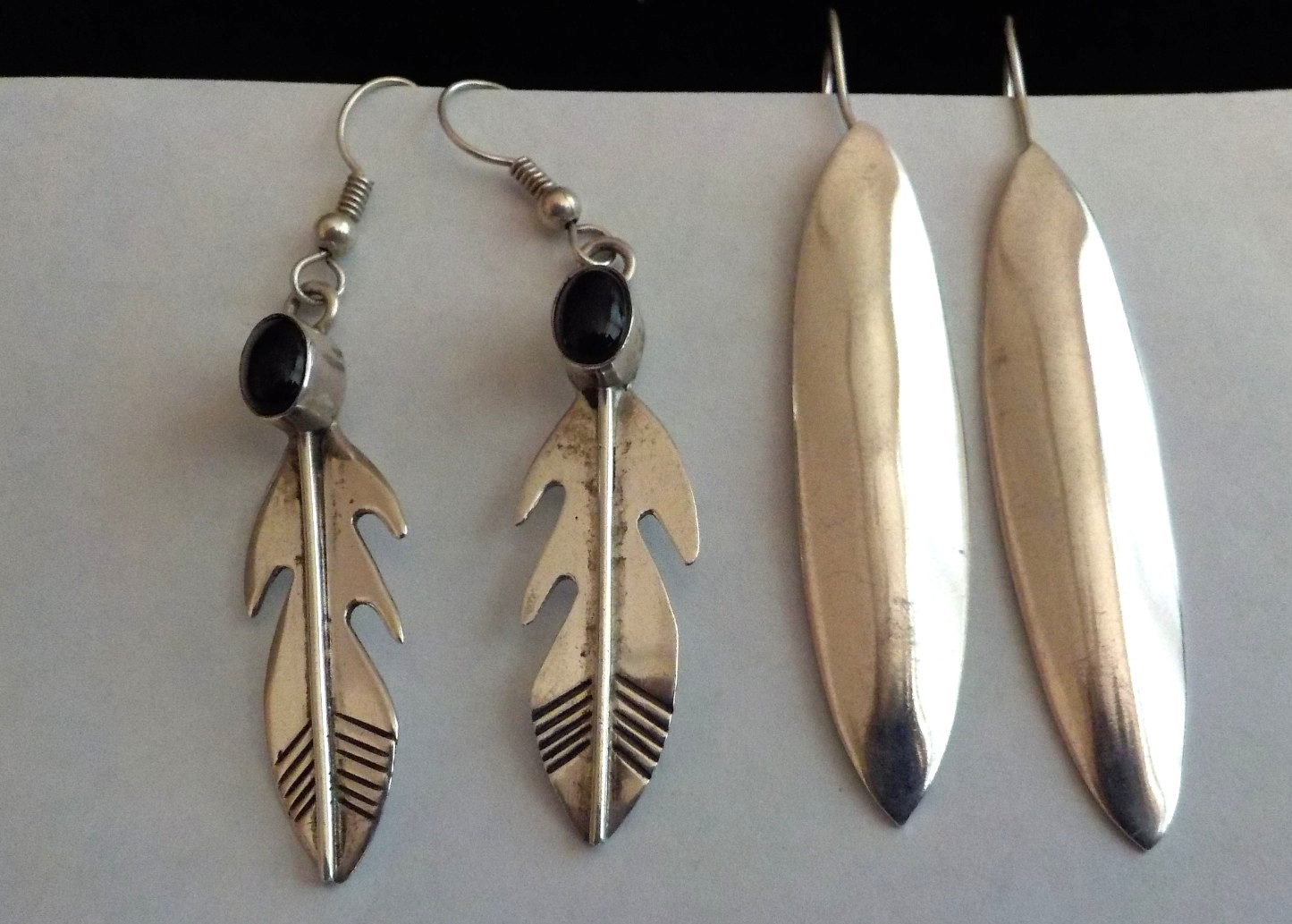 2 Pair - Navajo Dangle Earrings, Sterling Silver, Jet Feather Earrings signed J