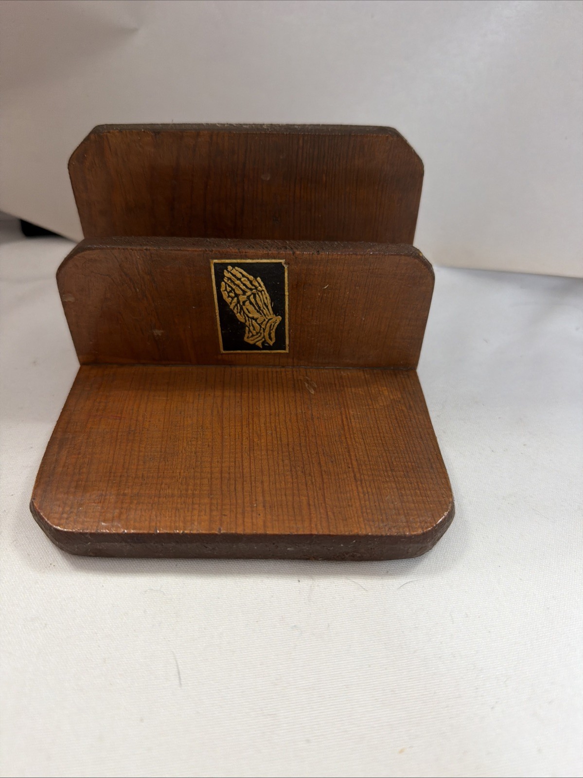 Vintage Praying Hands Napkin Mail Letter Holder Wooden Handmade