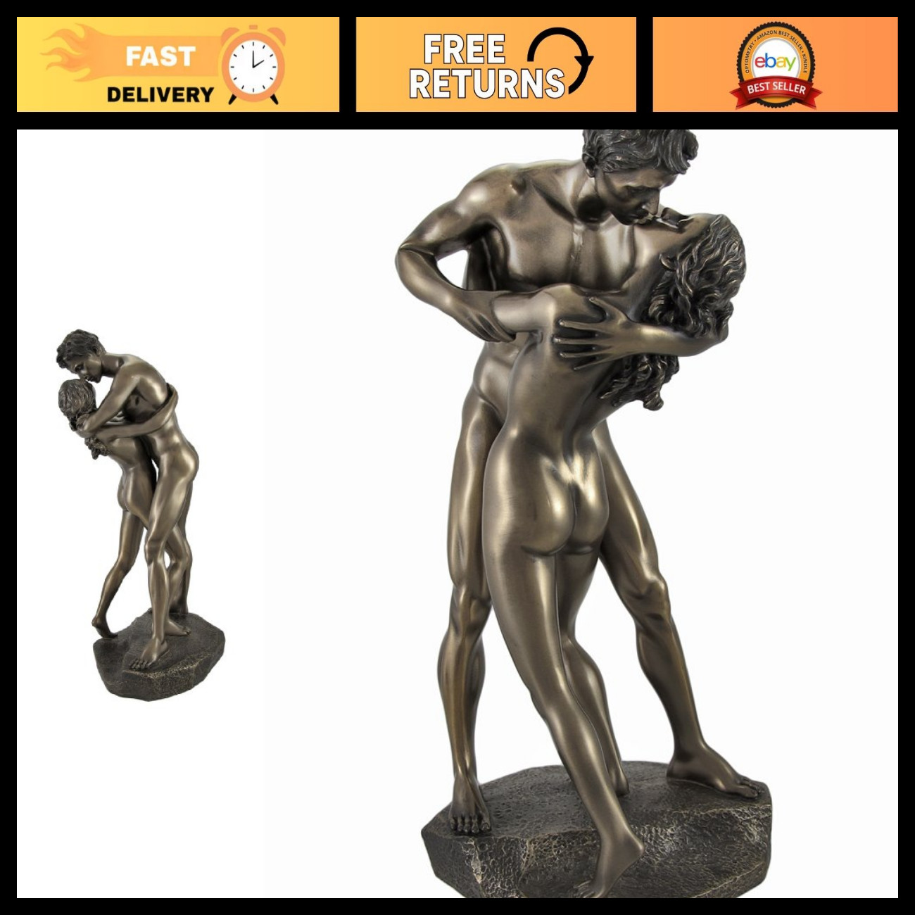 Romantic Bronze Nude Lovers Embrace Statue - Passionate Kiss Home Decor
