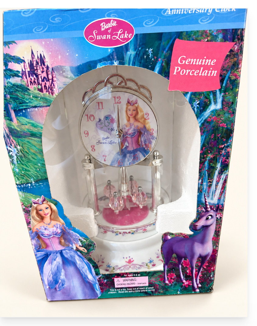 2003 Barbie of Swan Lake Porcelain Anniversary Clock Glass Dome Boxed