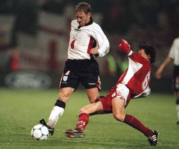 England\'s David Batty challenges Luxembourg\'s Jeff Saibene for the- Old Photo