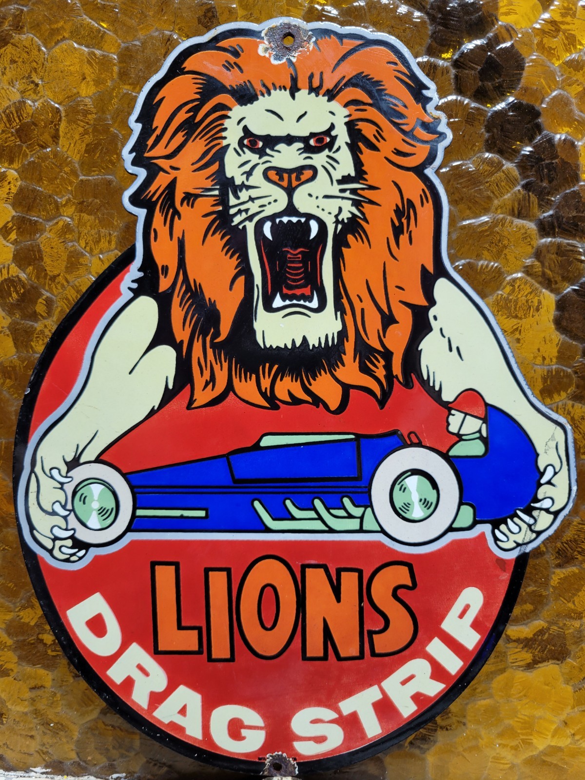 VINTAGE LIONS DRAG STRIP PORCELAIN SIGN OLD WILMINGTON CALIFORNIA RACING CLUB