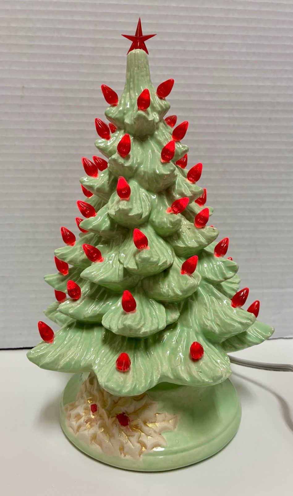 VTG Handcrafted 10” Ceramic Christmas Tree Green Pearlized Gloss Poinsettia Base VTG Handcrafted 10” Ceramic Christmas Tree Green Pearlized Gloss Poinsettia Base