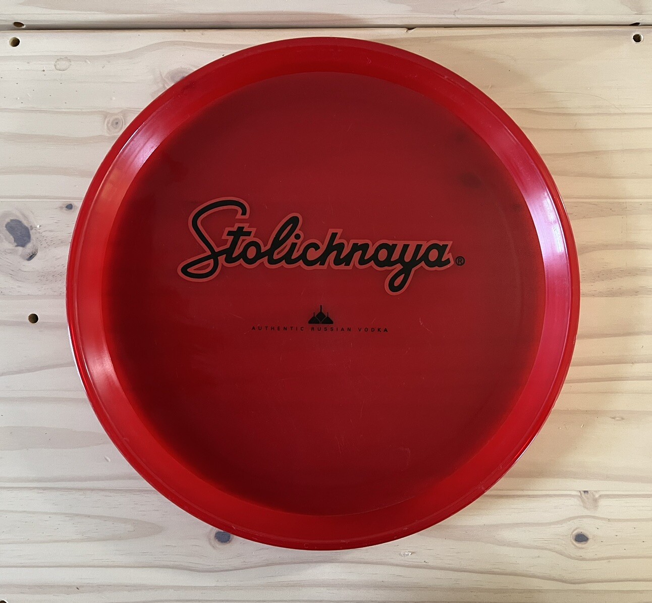 Vintage Stoli Stolichnaya Authentic Russian Vodka Red Serving Bar Tray 14in