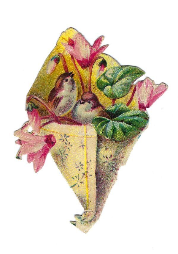 1888 Victorian Chromo, LOVEBIRDS YELLOW FLORA CONE, Antique Die-Cut Scrap, 2-3/4