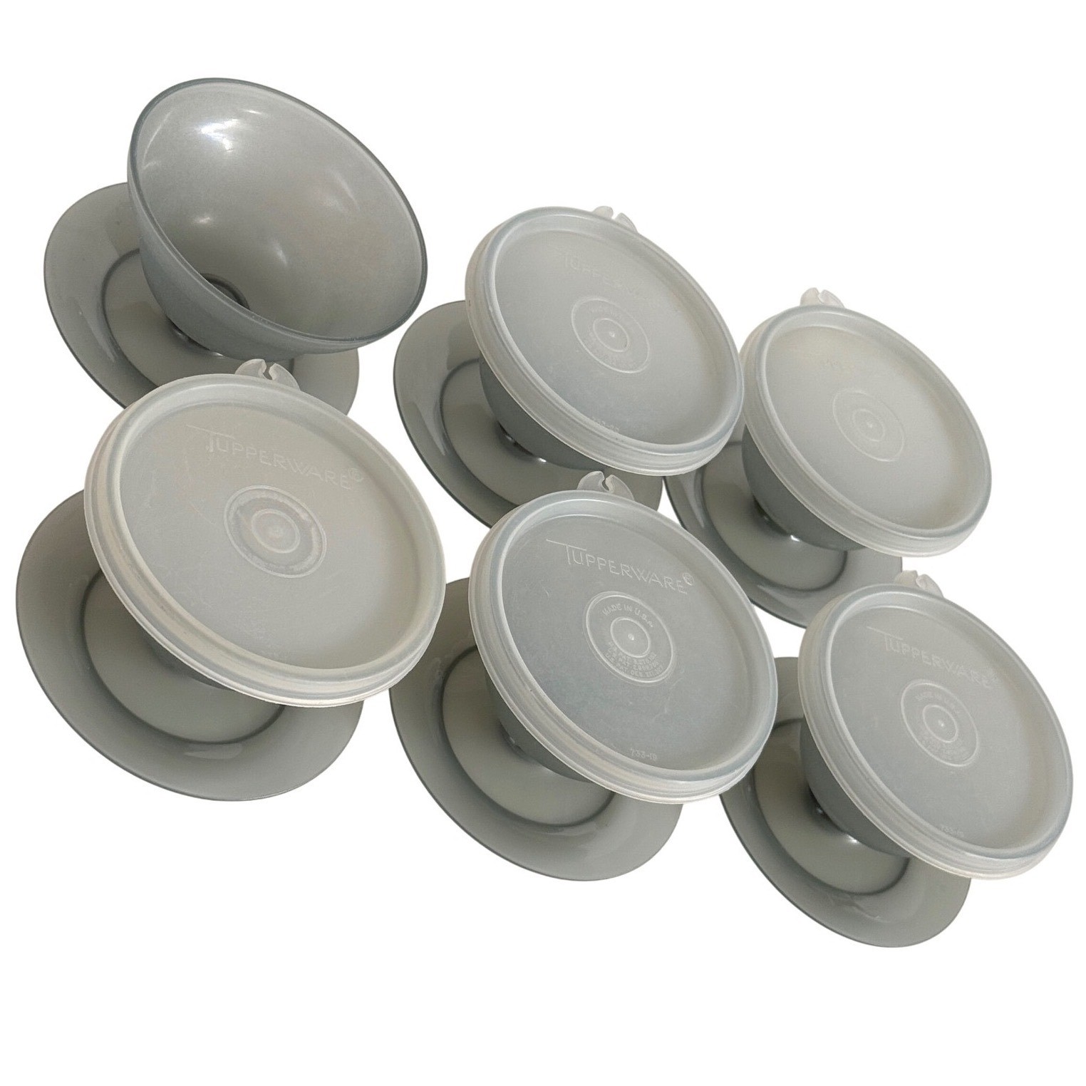 Vintage Tupperware #754 Smoke Gray Footed Dessert Sundae Cups Set 6 w 5 Lids