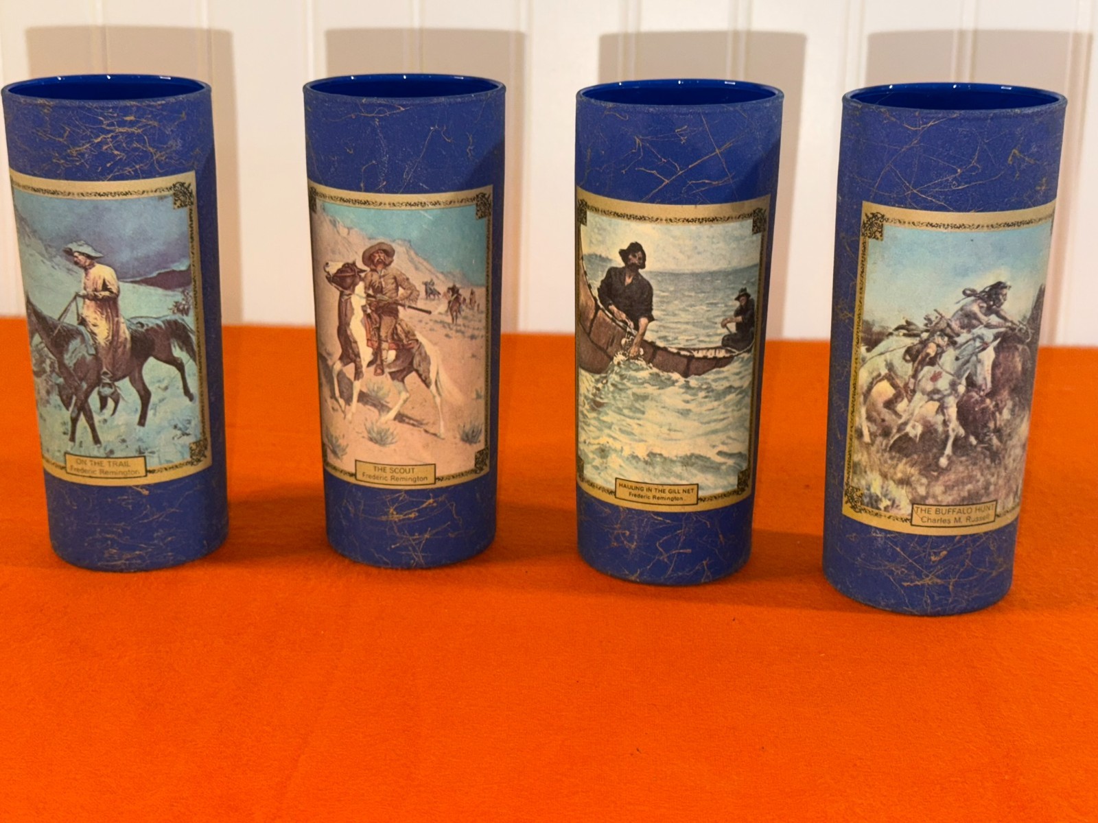 Western Art Drinking Glasses Set of 4 Blue Frederic Remington Cowboy Russell Vtg Western Art Drinking Glasses Set of 4 Blue Frederic Remington Cowboy Russell Vtg